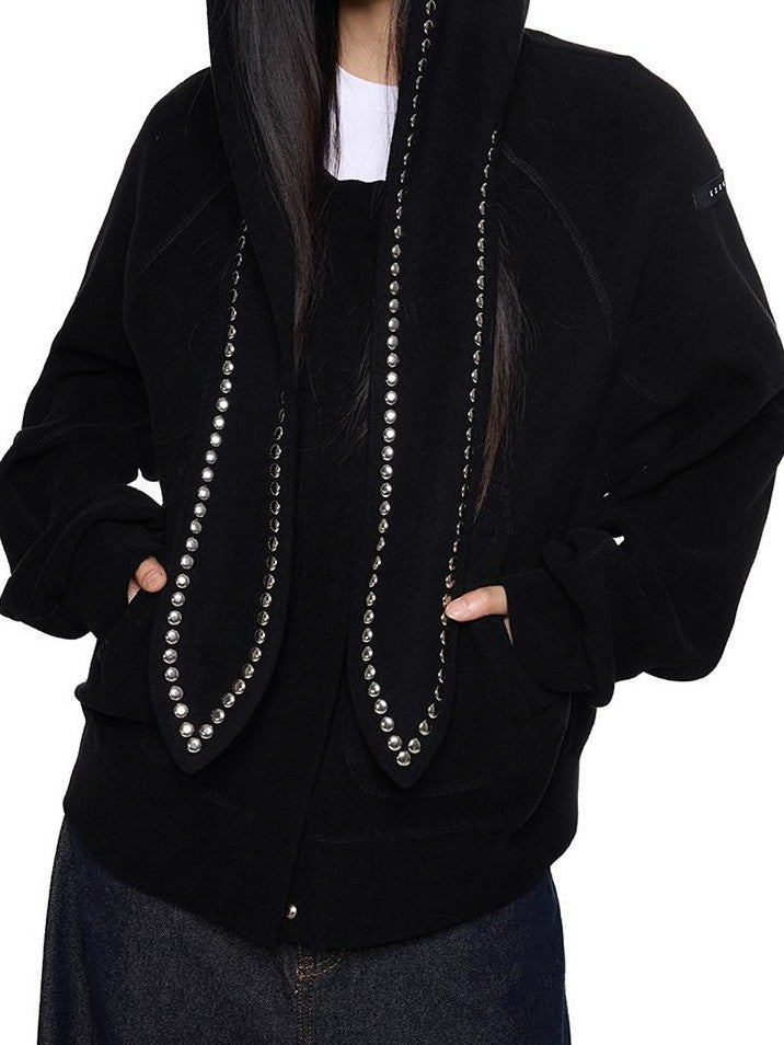 EZEK Rabbit Ear Studded Hooded Women's Cotton Blend Zip-up Hoodies