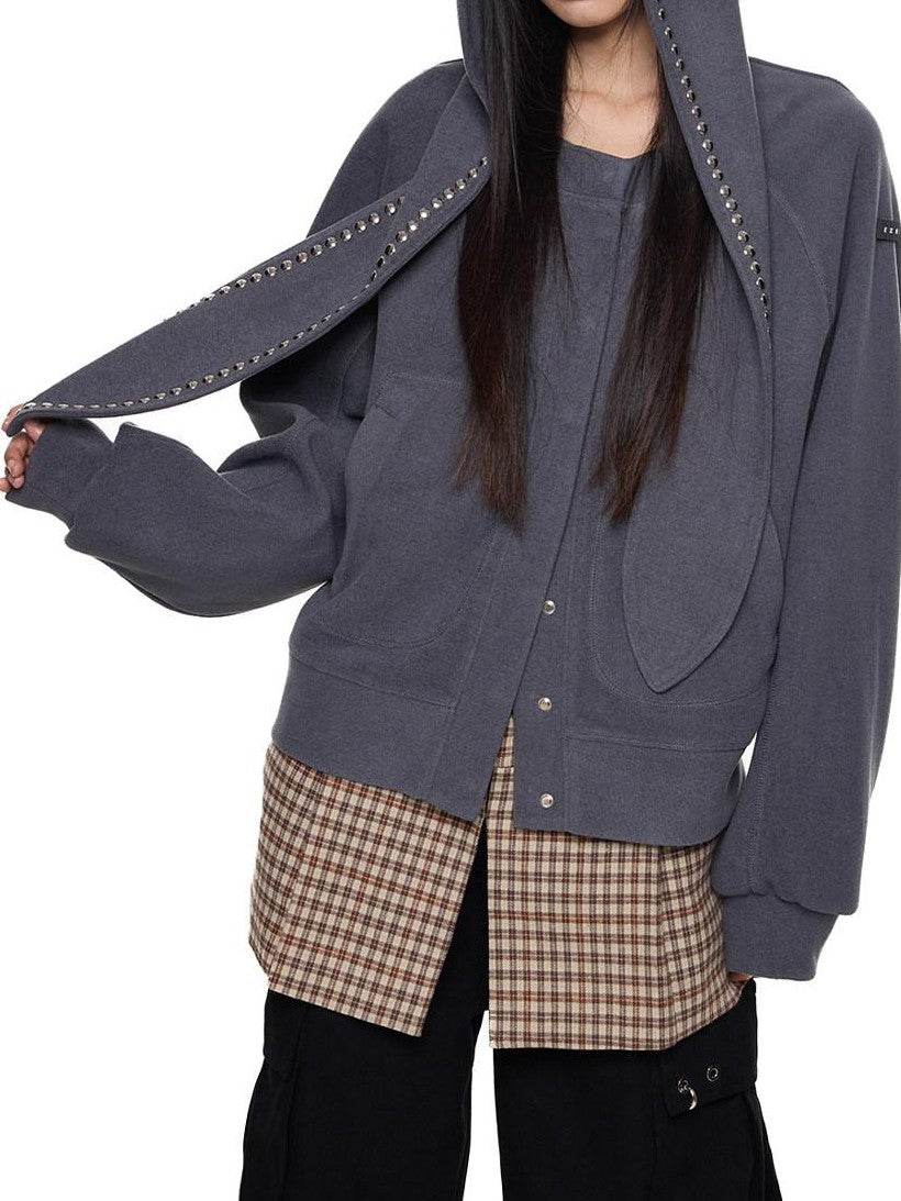 EZEK Rabbit Ear Studded Hooded Women's Cotton Blend Zip-up Hoodies