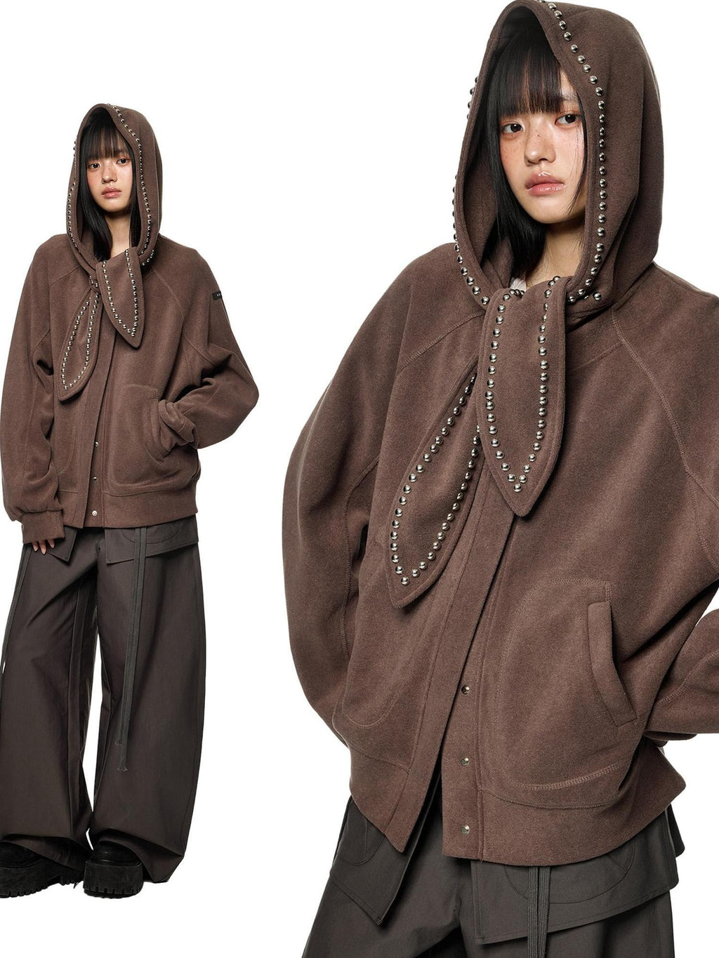 EZEK Rabbit Ear Studded Loose Fit Women's Cotton Zip-up Hoodies