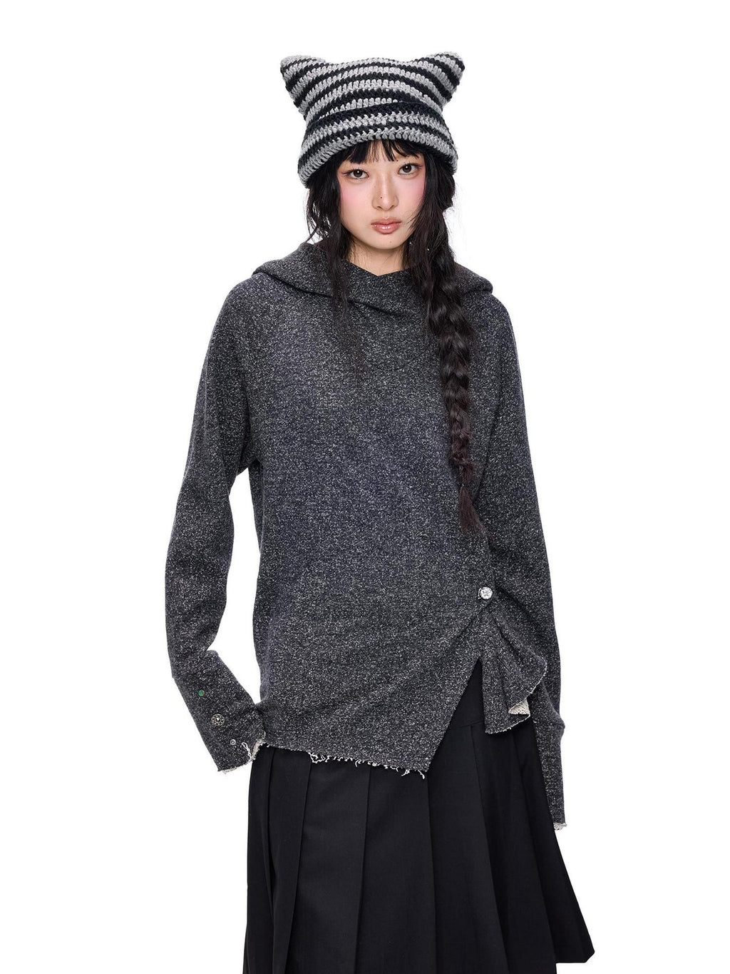 EZEK Raw Edge Asymmetric Hem Draped Neck Button Knit Women's Sweaters