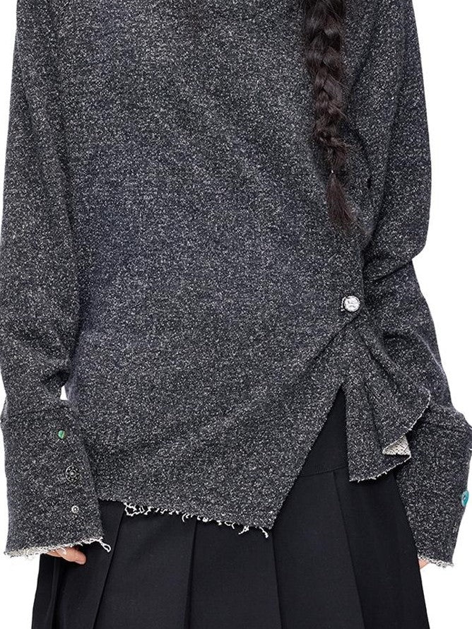 EZEK Raw Edge Asymmetric Hem Draped Neck Button Knit Women's Sweaters