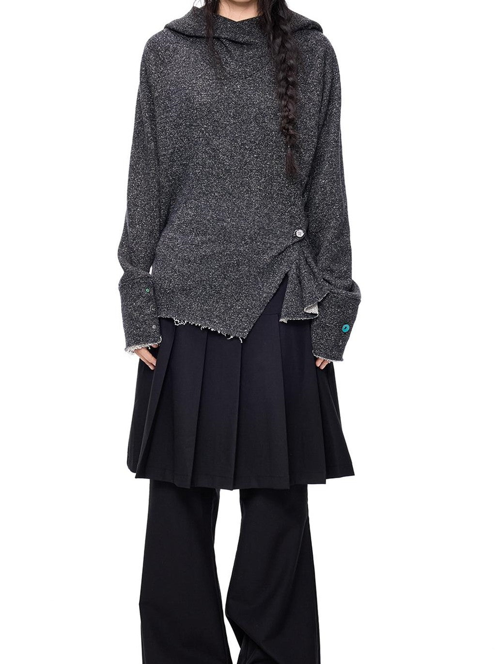 EZEK Raw Edge Asymmetric Hem Draped Neck Button Knit Women's Sweaters
