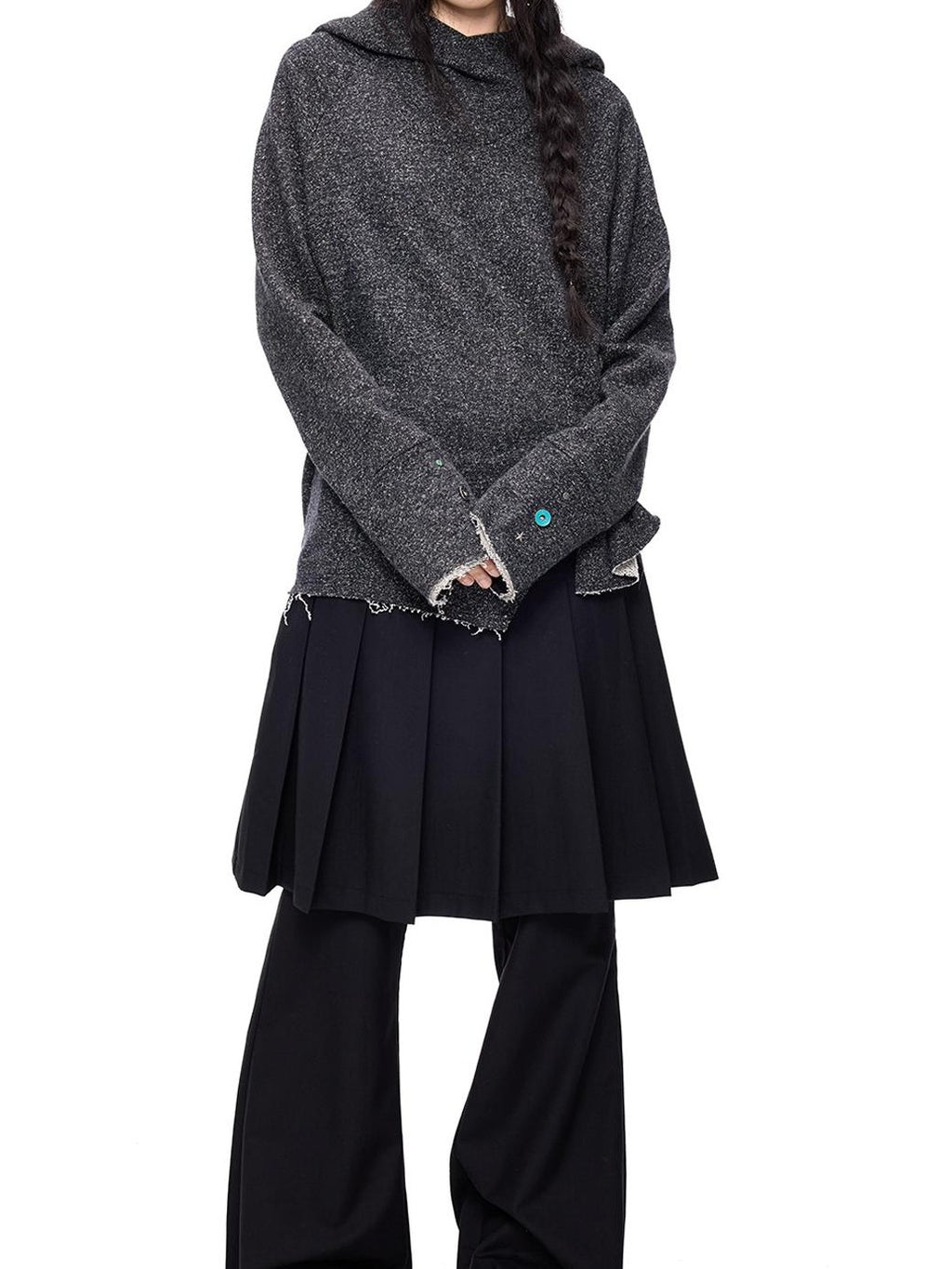 EZEK Raw Edge Asymmetric Hem Draped Neck Button Knit Women's Sweaters