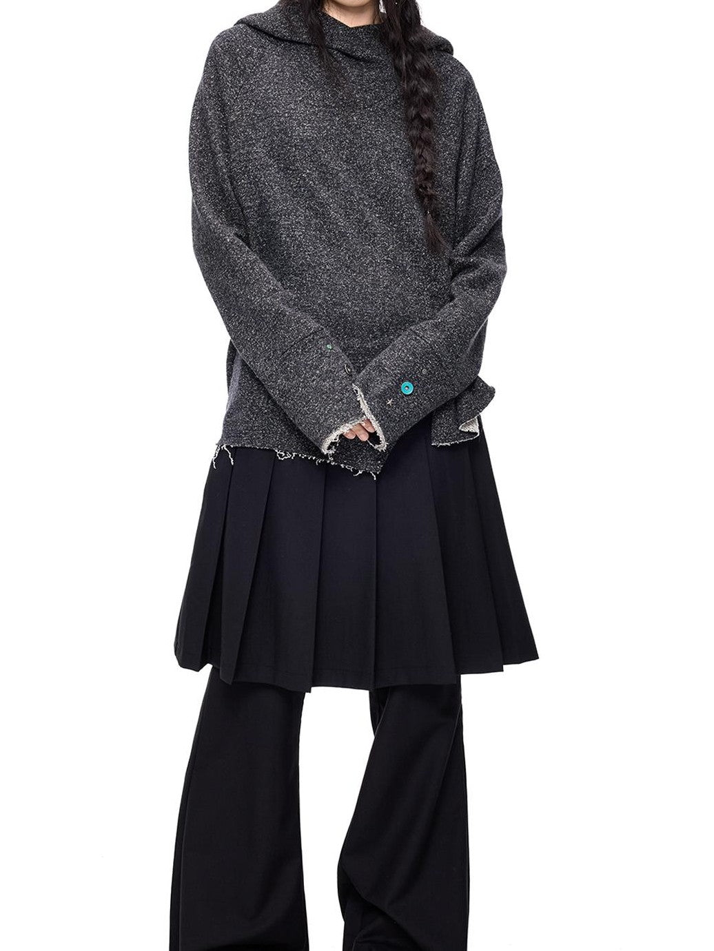 EZEK Raw Edge Asymmetric Hem Draped Neck Button Knit Women's Sweaters