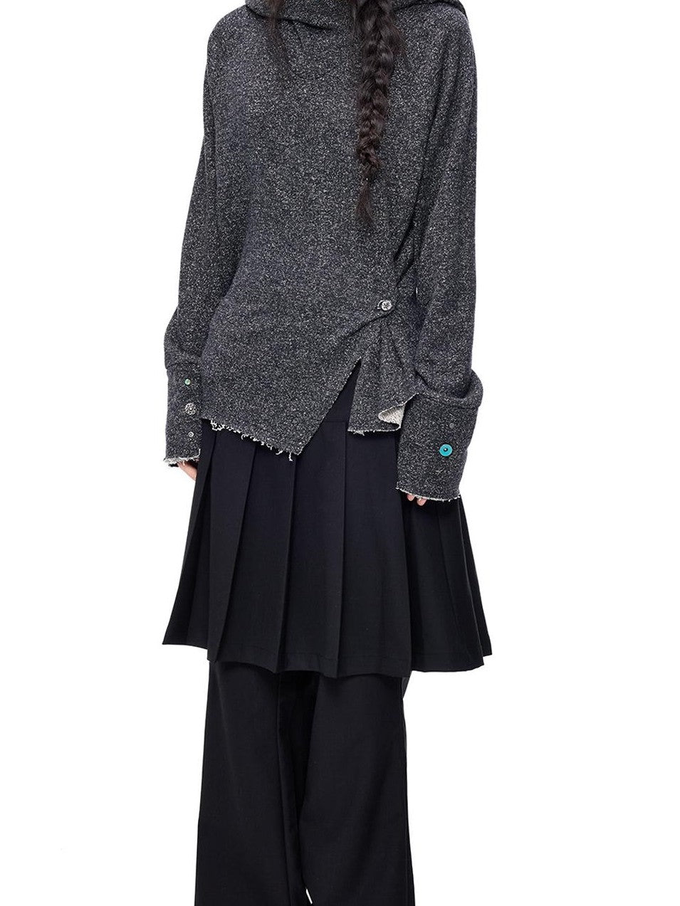 EZEK Raw Edge Asymmetric Hem Draped Neck Button Knit Women's Sweaters