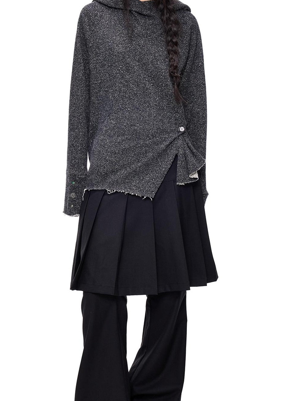 EZEK Raw Edge Asymmetric Hem Draped Neck Button Knit Women's Sweaters