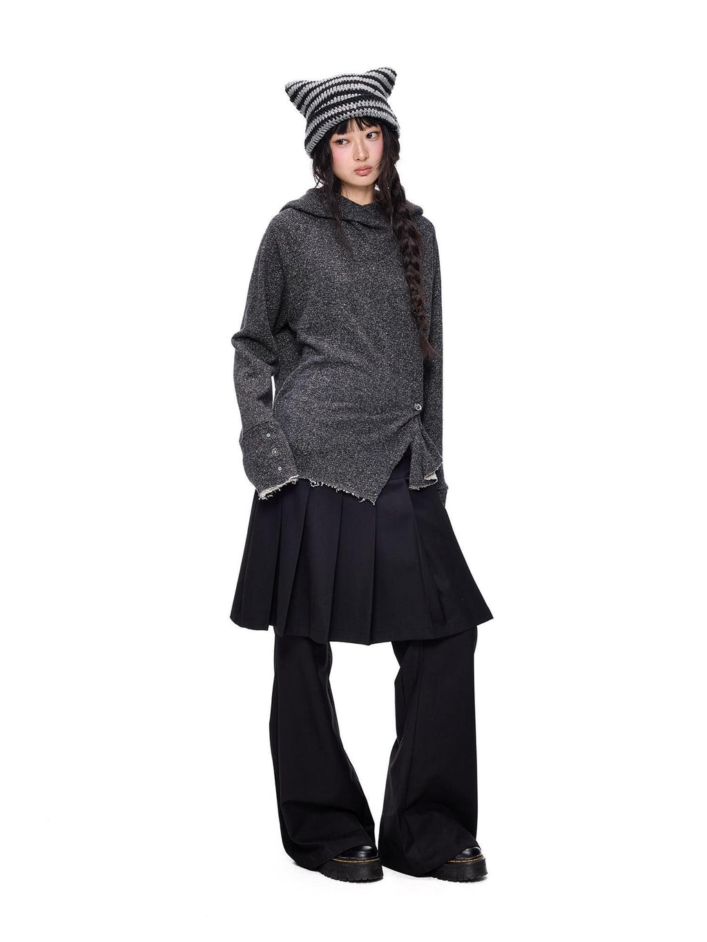 EZEK Raw Edge Asymmetric Hem Draped Neck Button Knit Women's Sweaters