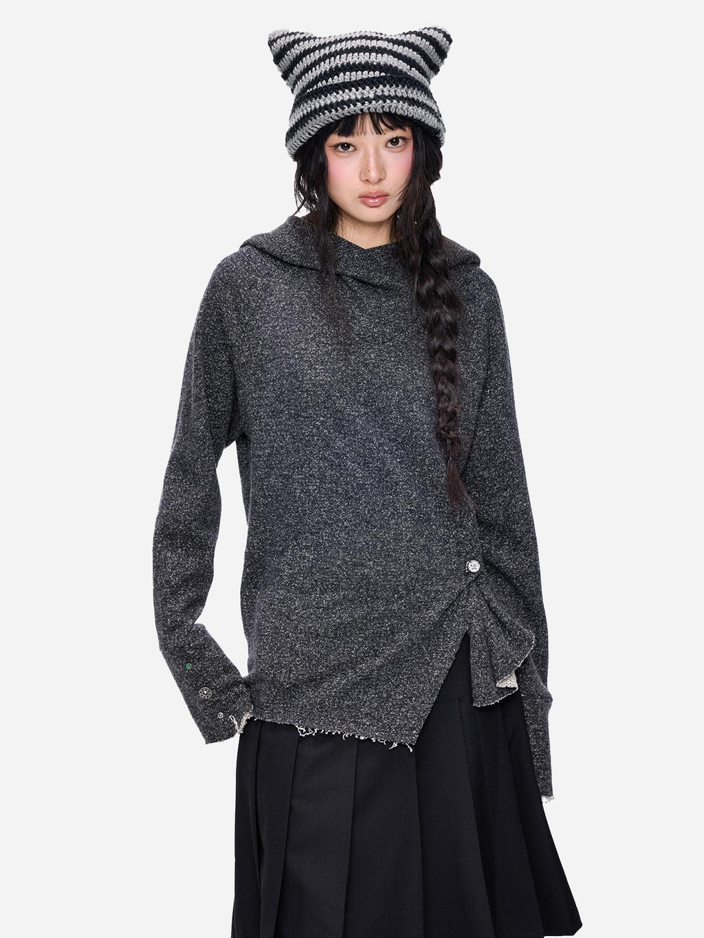 EZEK Raw Edge Asymmetric Hem Draped Neck Button Knit Women's Sweaters