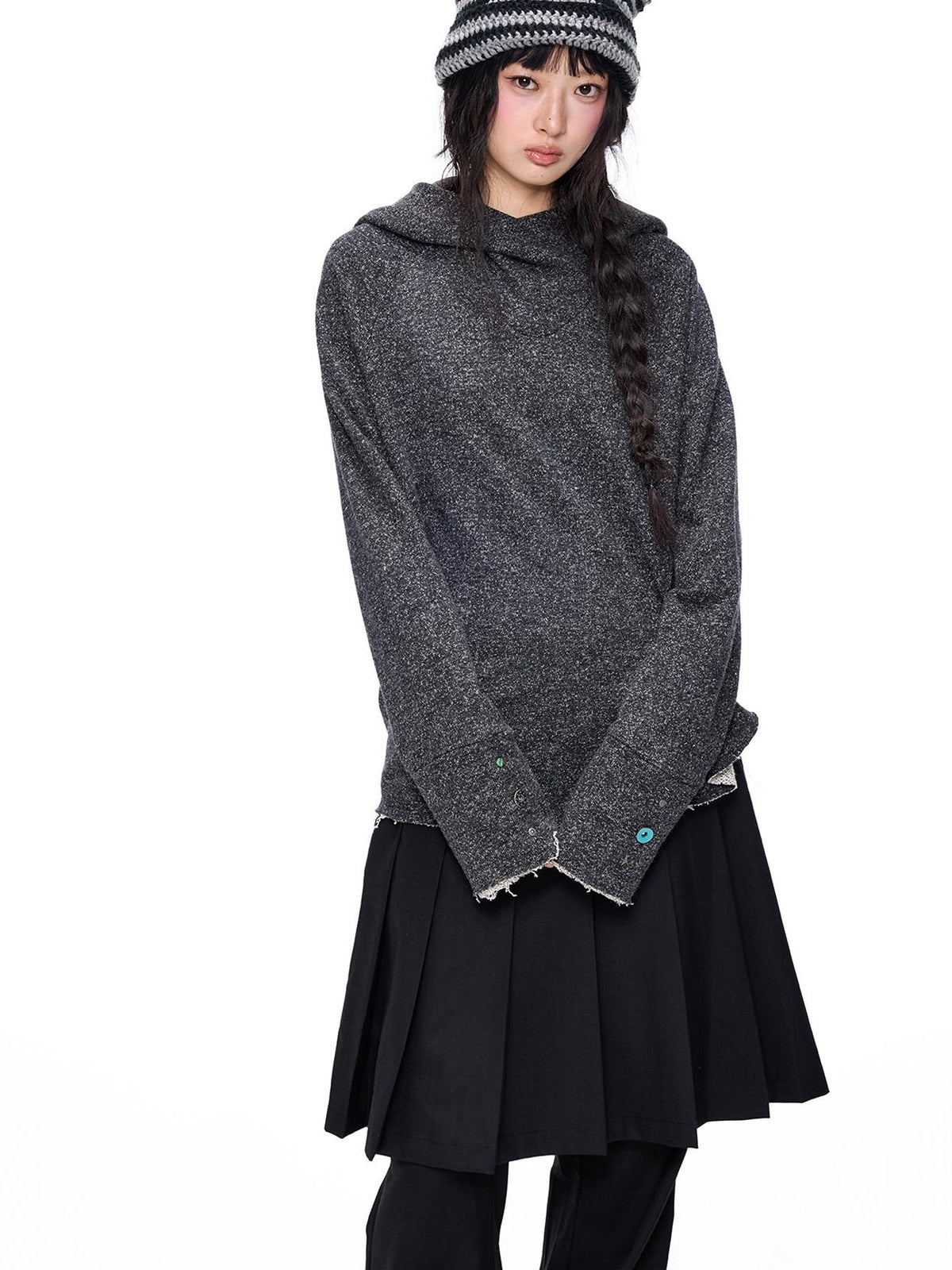 EZEK Raw Edge Asymmetric Hem Draped Neck Button Knit Women's Sweaters
