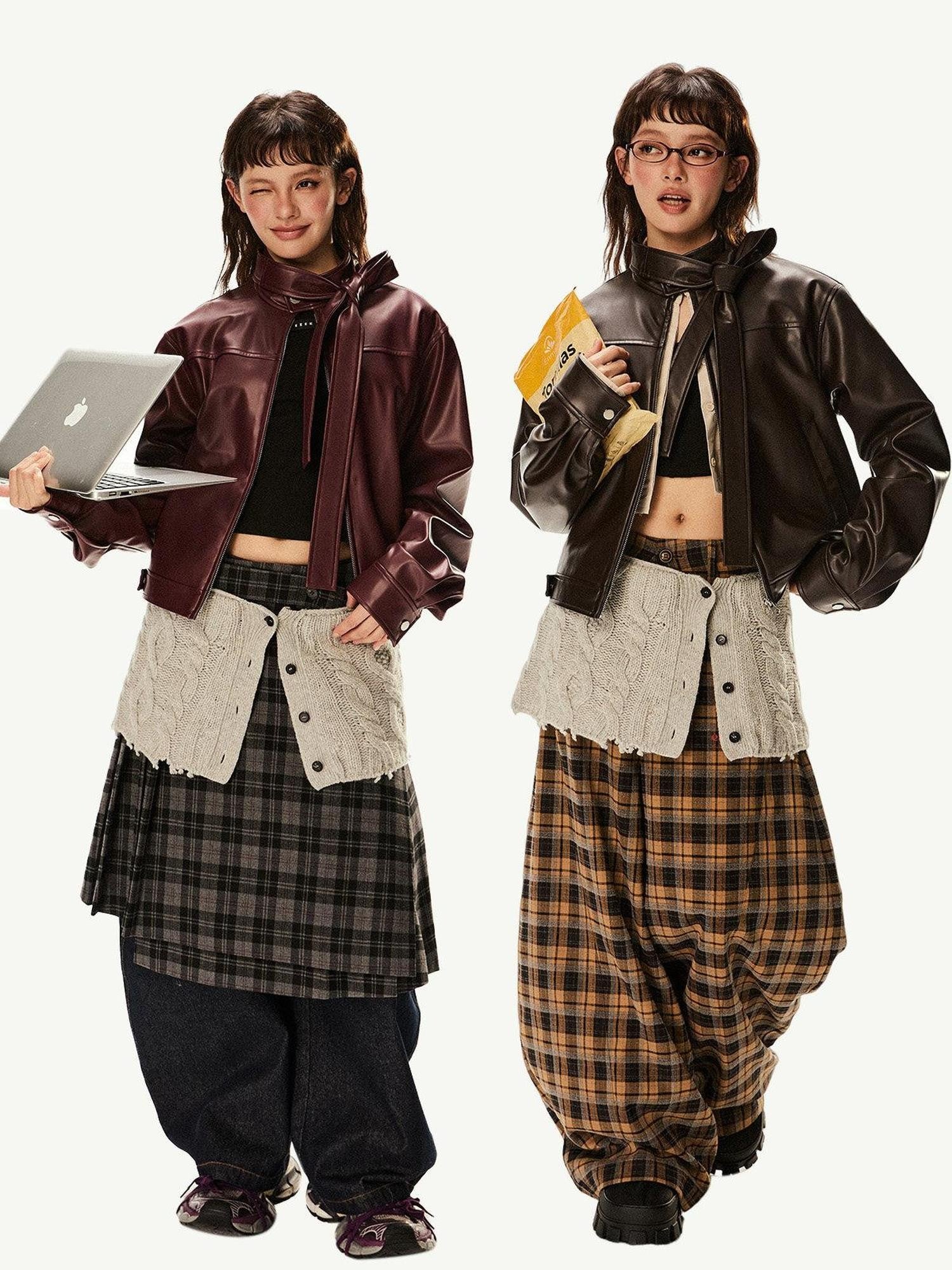 EZEK Red Patchwork Stand Collar Biker Cropped Women's Pu Leather Jackets