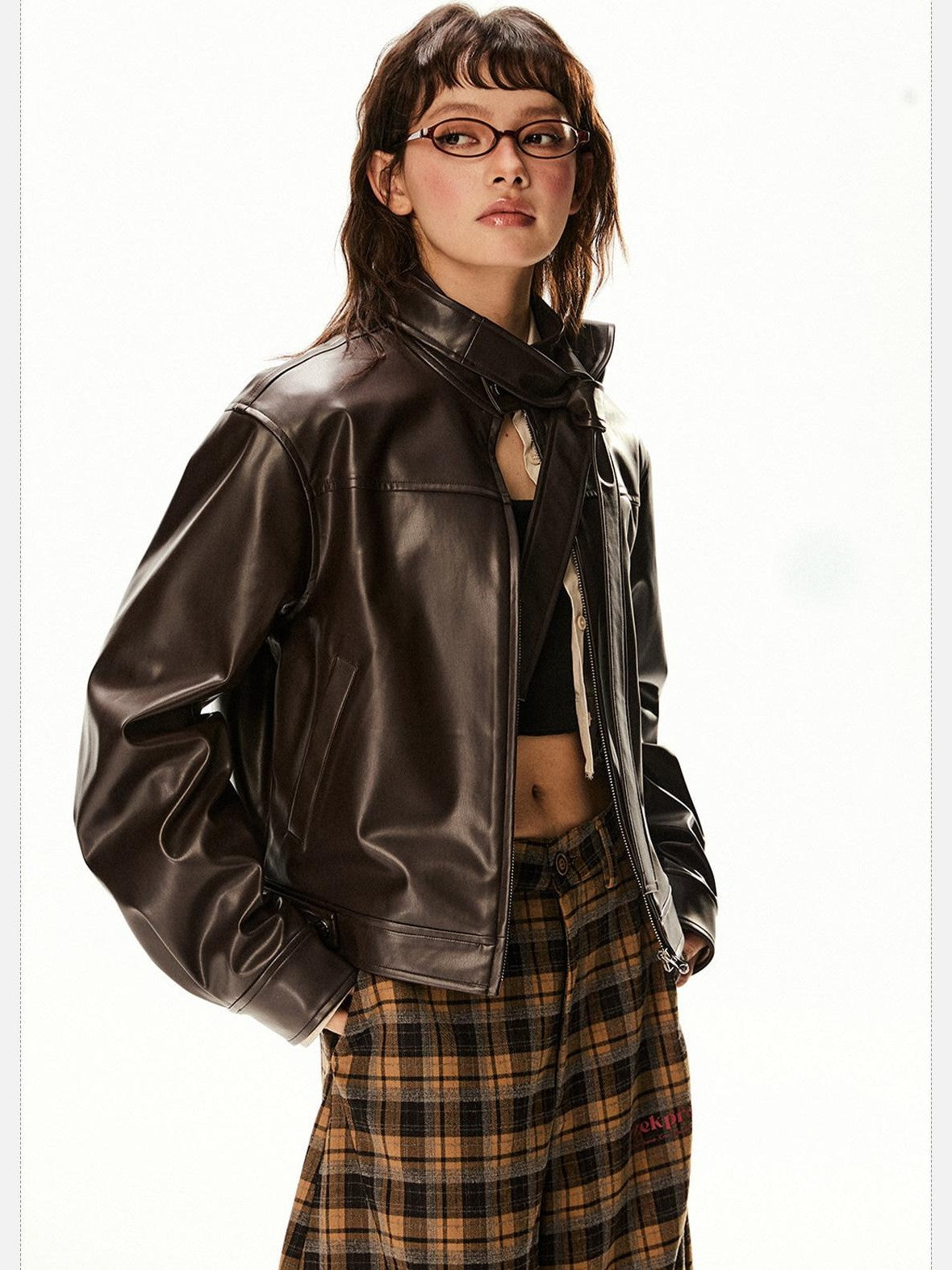 EZEK Red Patchwork Stand Collar Biker Cropped Women's Pu Leather Jackets