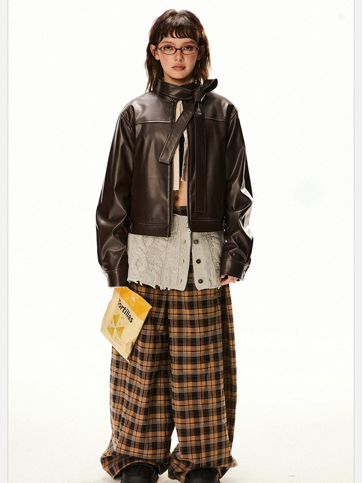 EZEK Red Patchwork Stand Collar Biker Cropped Women's Pu Leather Jackets