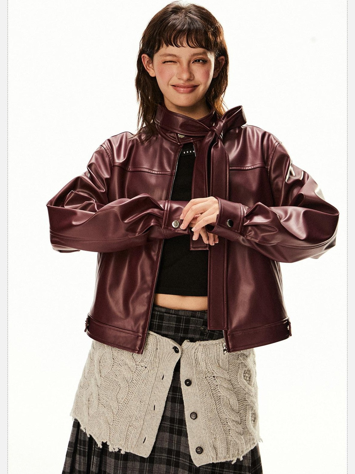 EZEK Red Patchwork Stand Collar Biker Cropped Women's Pu Leather Jackets