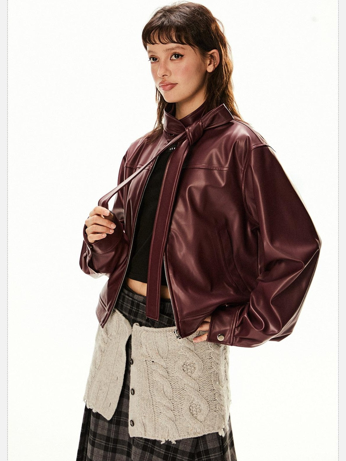 EZEK Red Patchwork Stand Collar Biker Cropped Women's Pu Leather Jackets