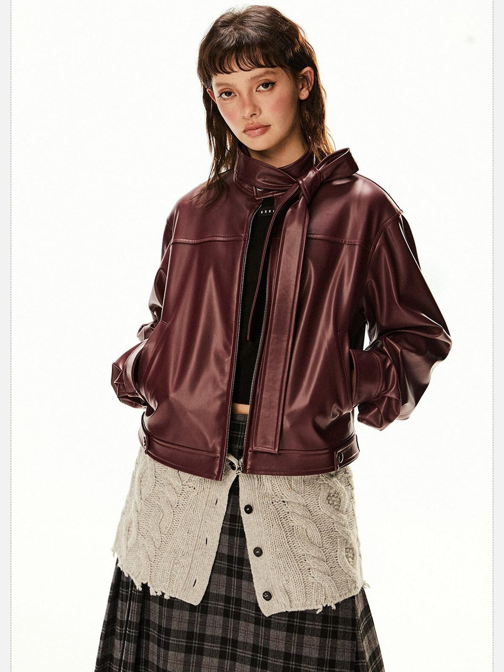 EZEK Red Patchwork Stand Collar Biker Cropped Women's Pu Leather Jackets