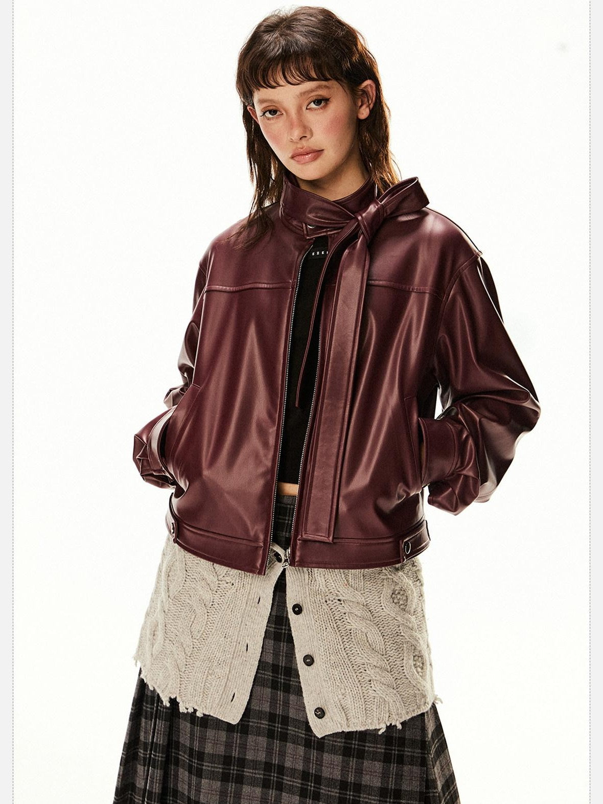 EZEK Red Patchwork Stand Collar Biker Cropped Women's Pu Leather Jackets