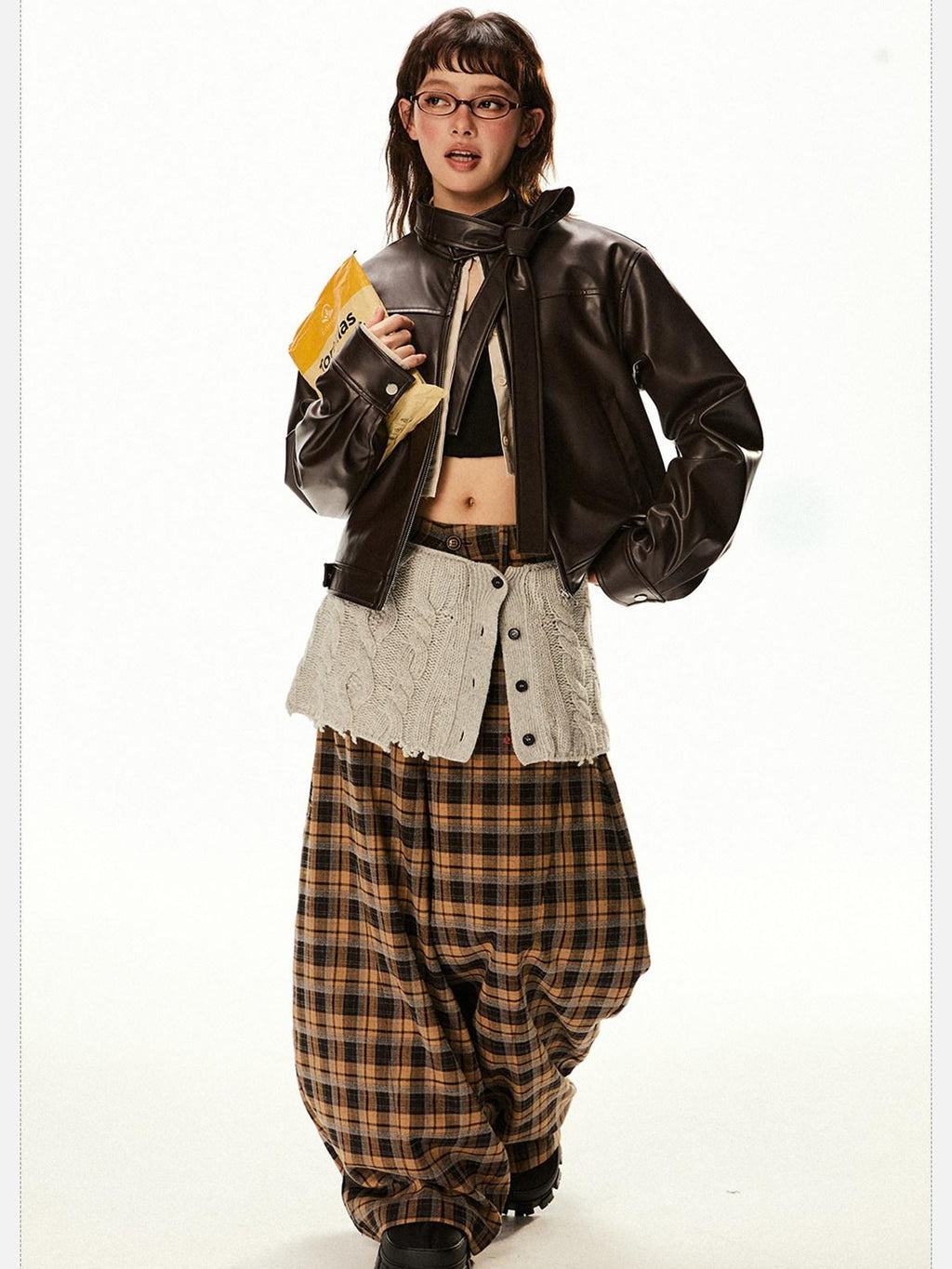 EZEK Red Patchwork Stand Collar Biker Cropped Women's Pu Leather Jackets