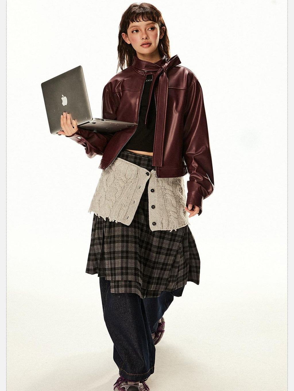 EZEK Red Patchwork Stand Collar Biker Cropped Women's Pu Leather Jackets