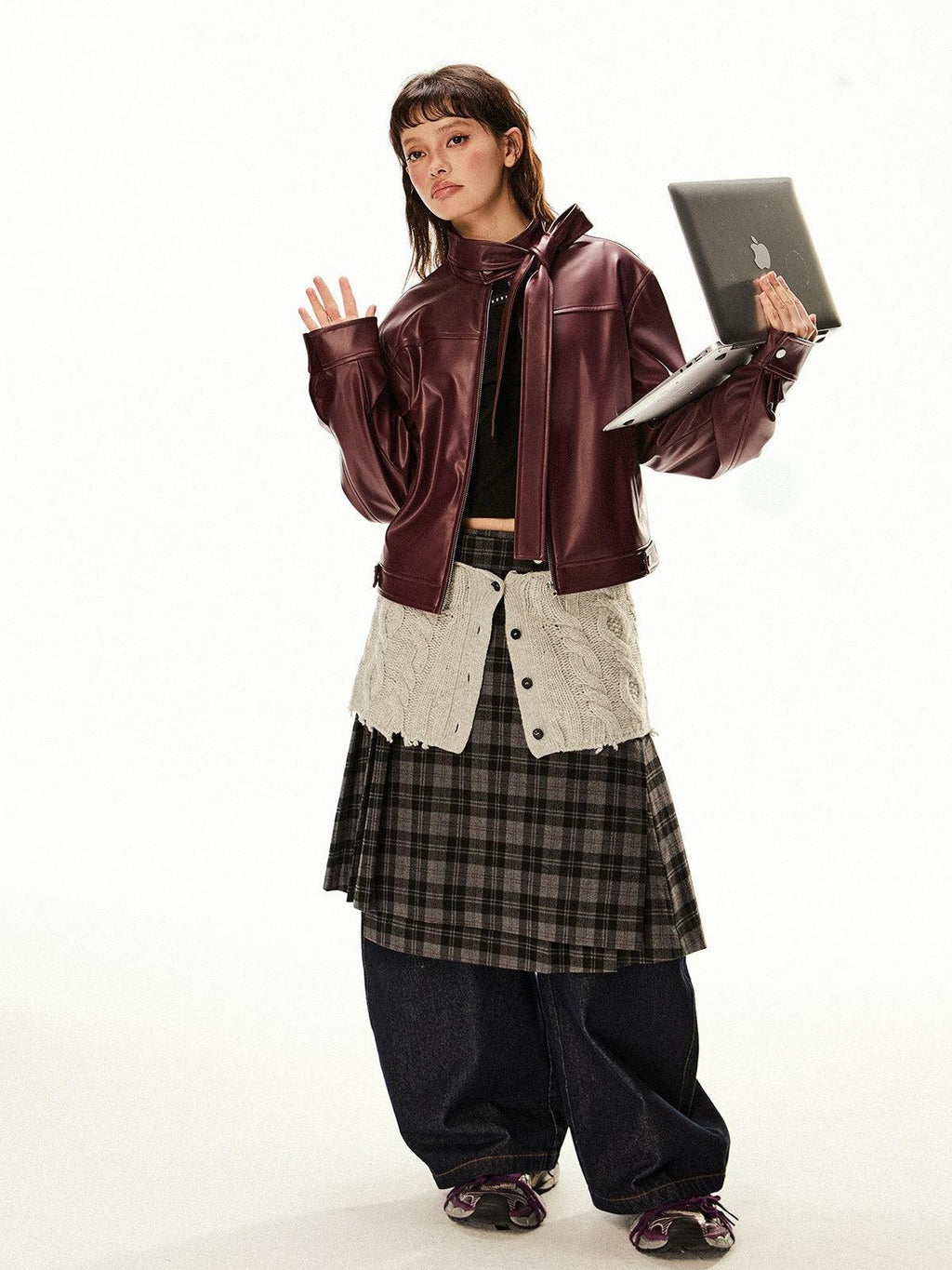 EZEK Red Patchwork Stand Collar Biker Cropped Women's Pu Leather Jackets