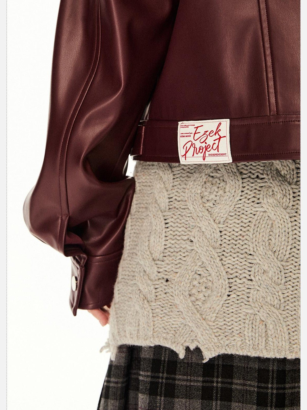 EZEK Red Patchwork Stand Collar Biker Cropped Women's Pu Leather Jackets