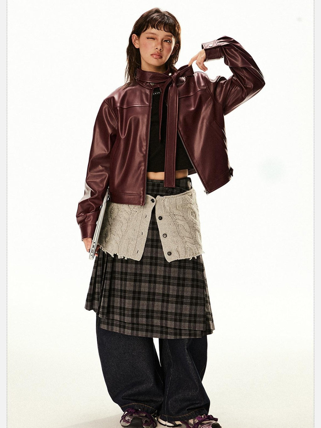 EZEK Red Patchwork Stand Collar Biker Cropped Women's Pu Leather Jackets