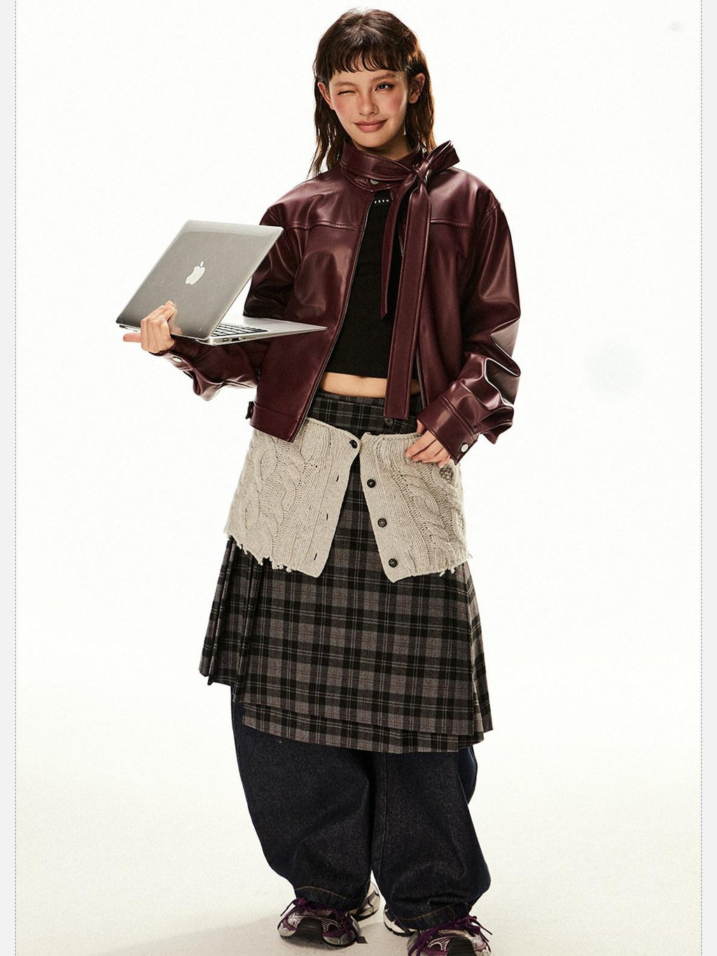 EZEK Red Patchwork Stand Collar Biker Cropped Women's Pu Leather Jackets