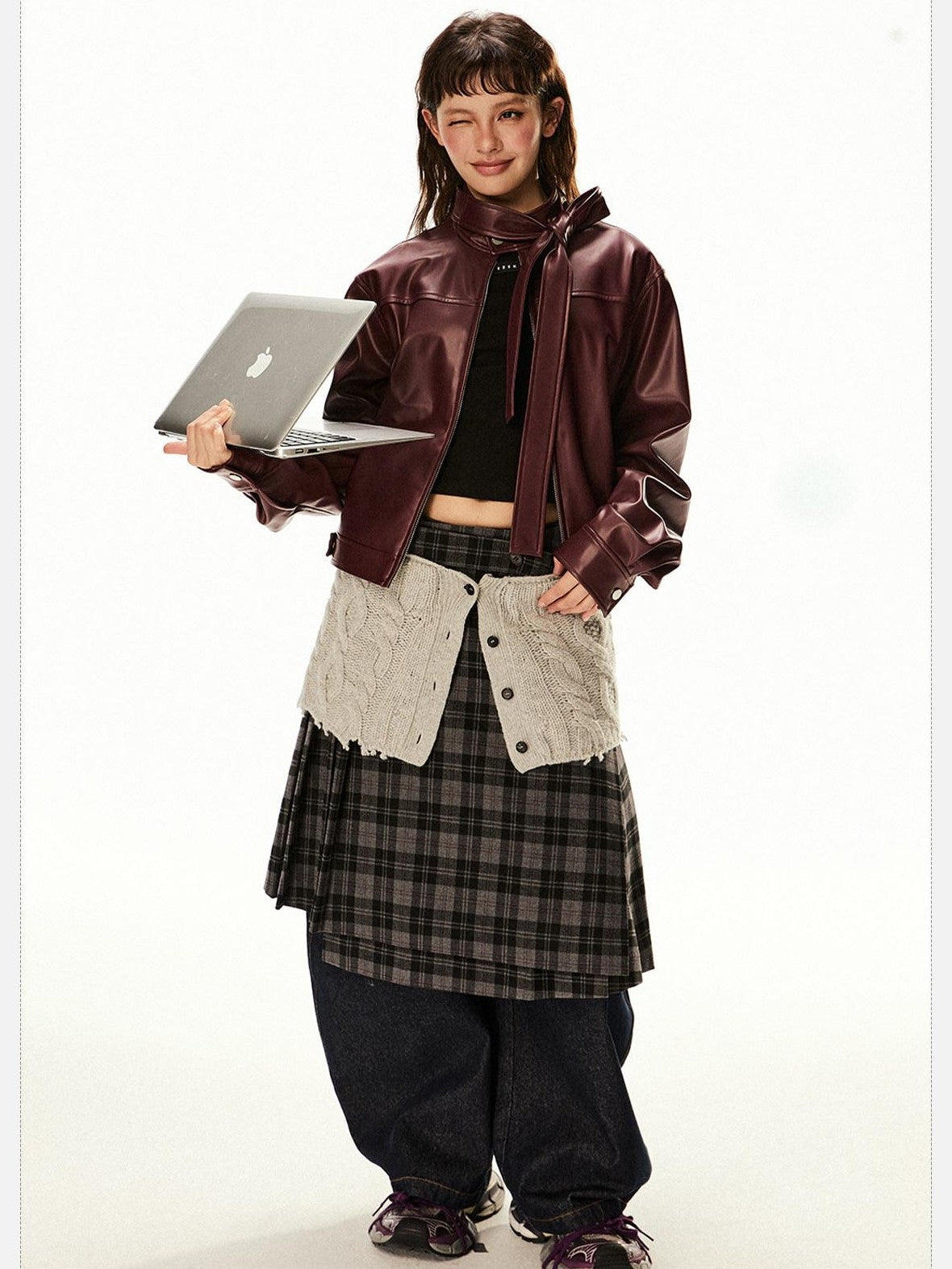 EZEK Red Patchwork Stand Collar Biker Cropped Women's Pu Leather Jackets