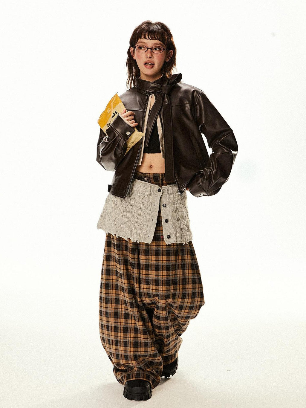 EZEK Red Patchwork Stand Collar Biker Cropped Women's Pu Leather Jackets