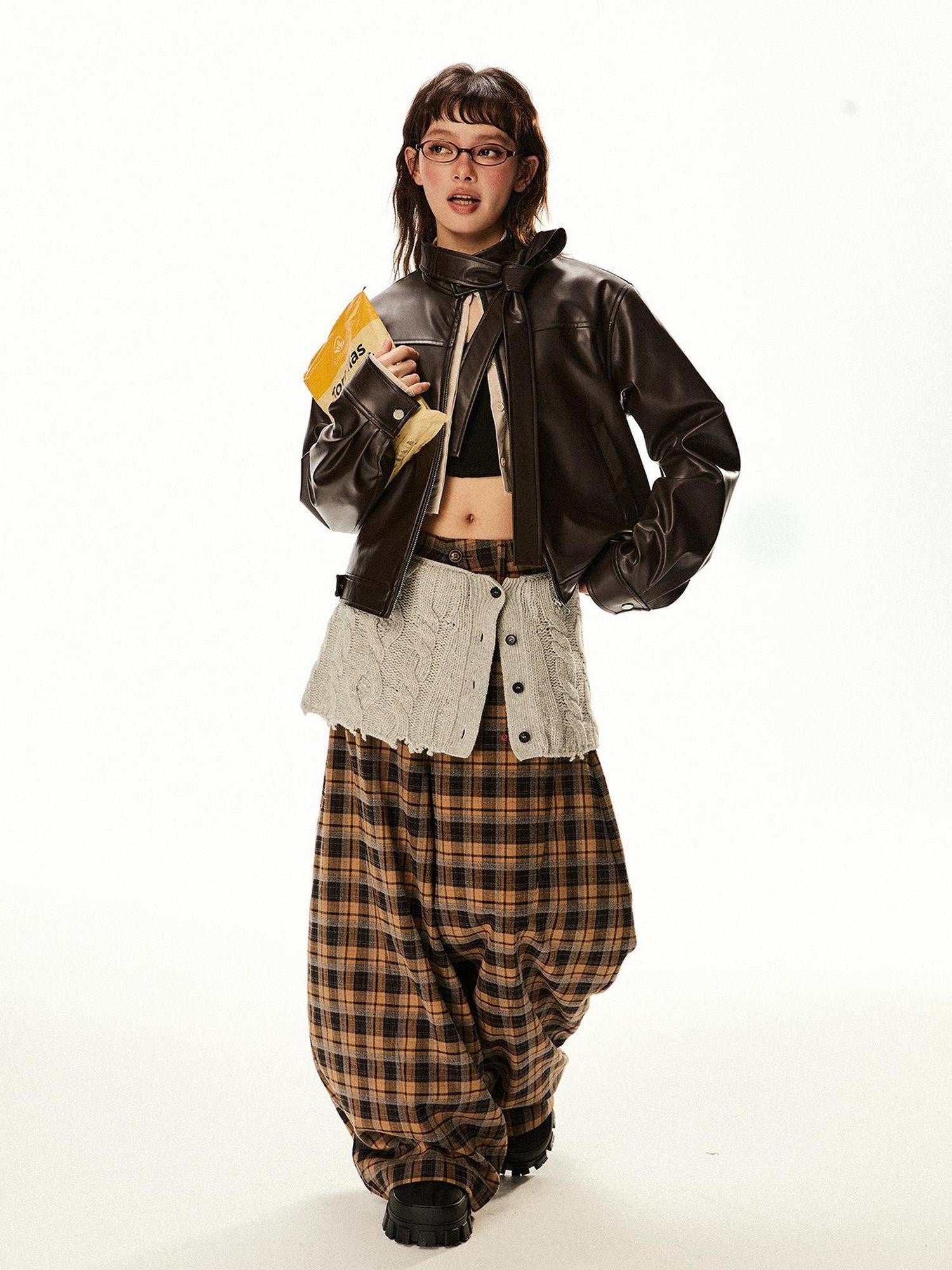EZEK Red Patchwork Stand Collar Biker Cropped Women's Pu Leather Jackets