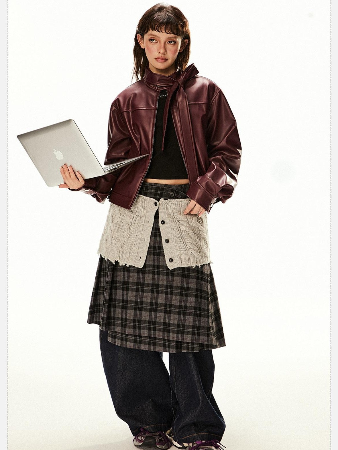 EZEK Red Patchwork Stand Collar Biker Cropped Women's Pu Leather Jackets