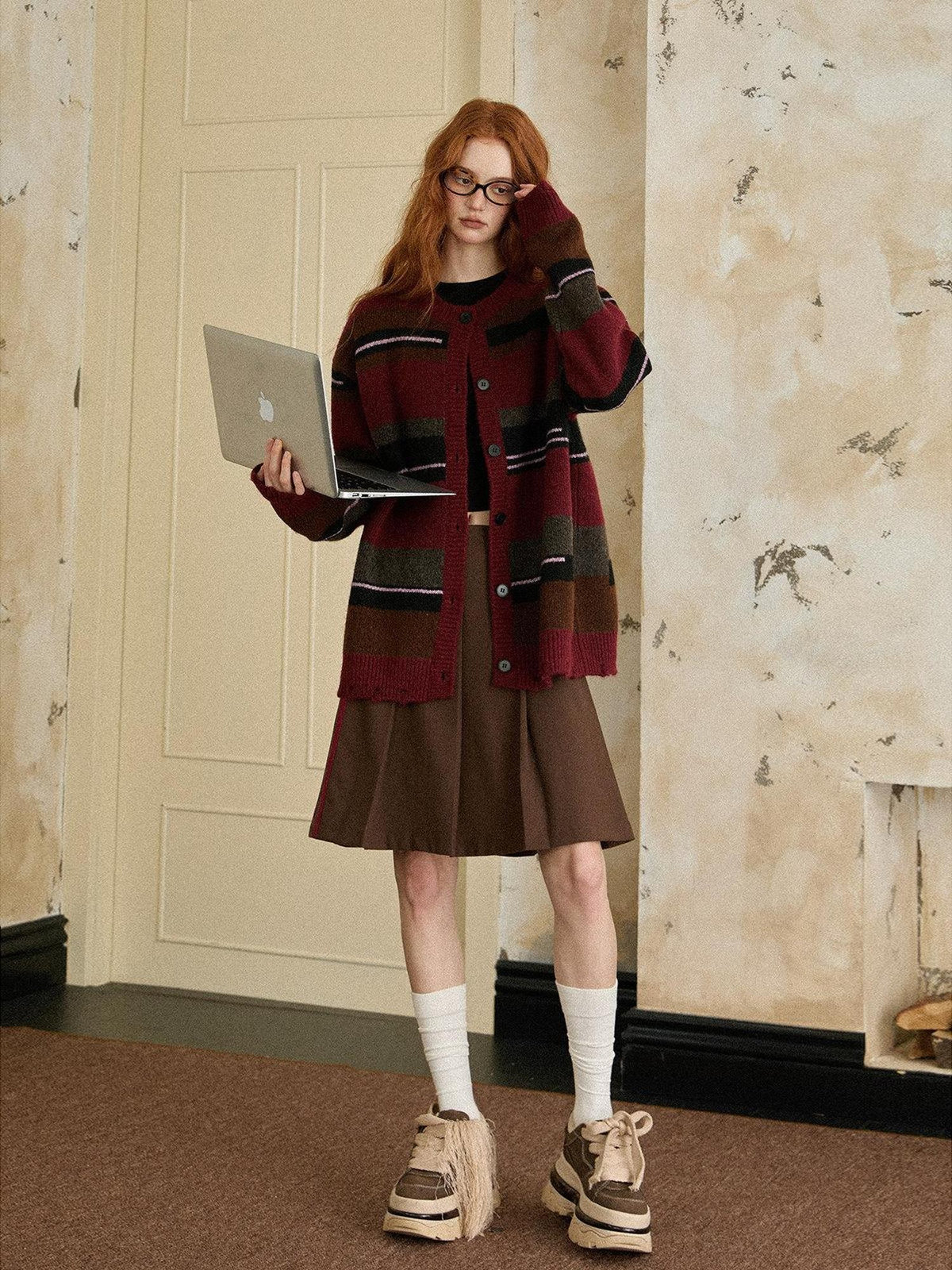 EZEK Red Striped Colorblock Vintage Knitted Buttoned Women's Wool Blend Cardigans