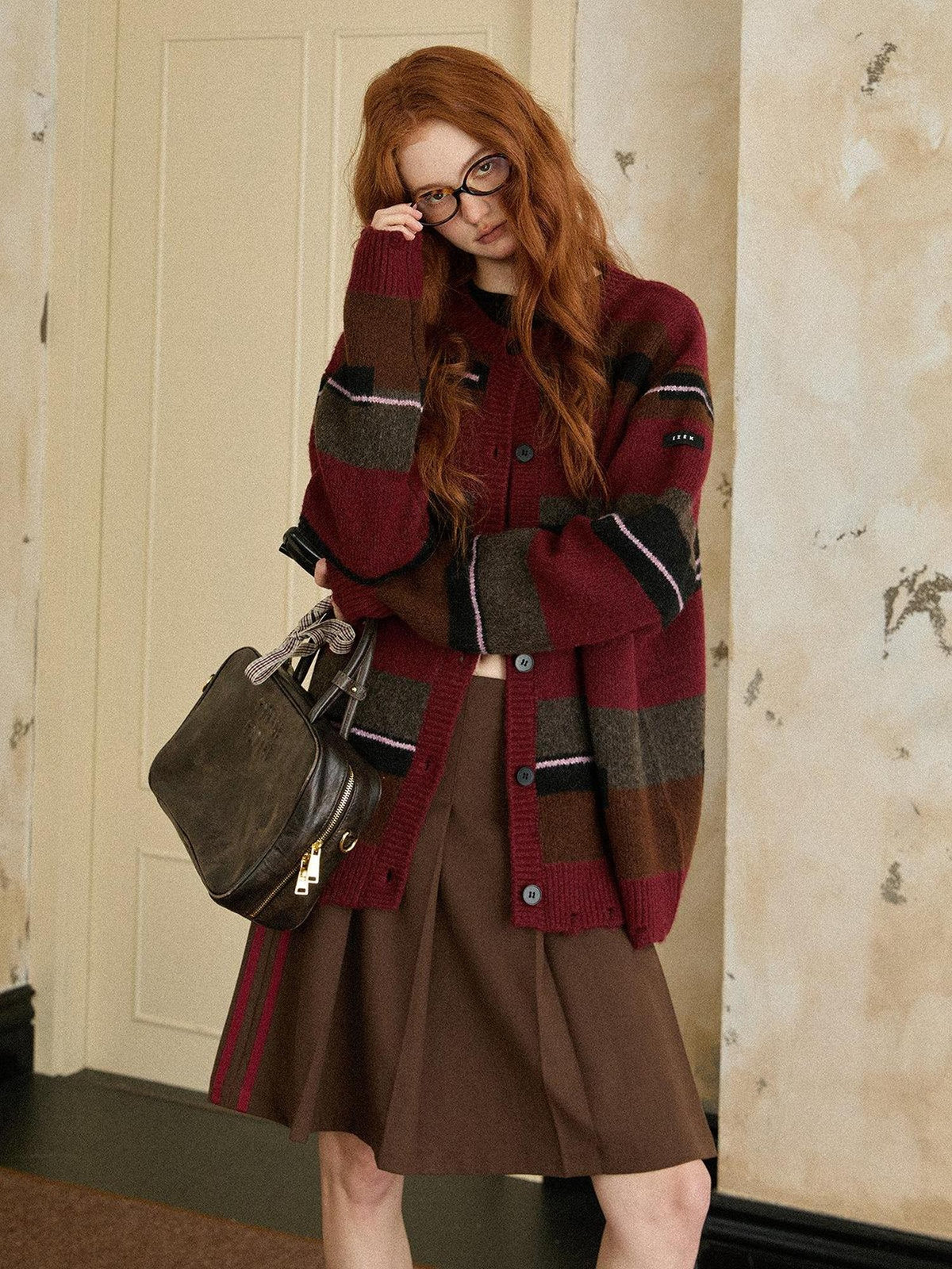 EZEK Red Striped Colorblock Vintage Knitted Buttoned Women's Wool Blend Cardigans