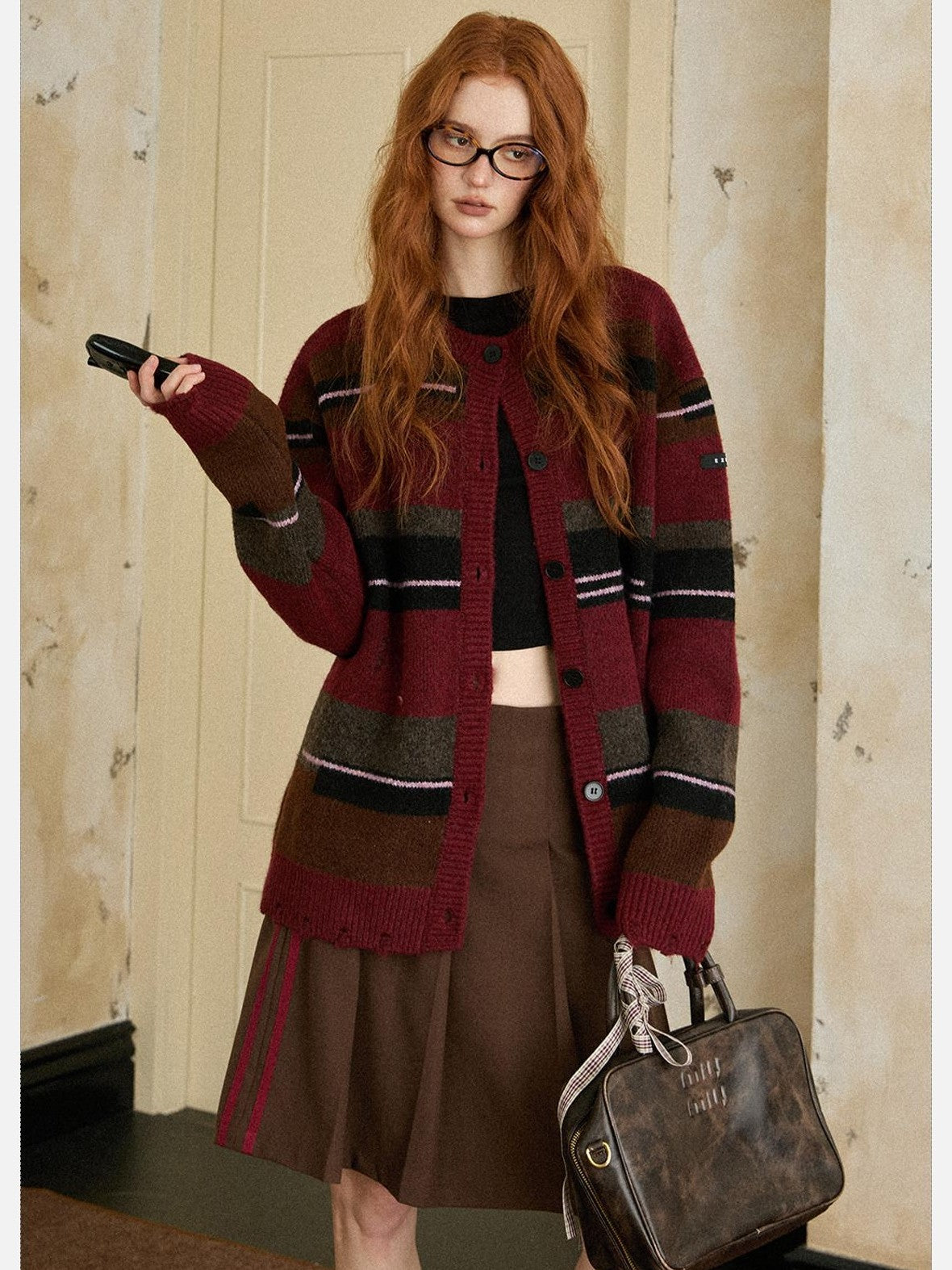 EZEK Red Striped Colorblock Vintage Knitted Buttoned Women's Wool Blend Cardigans