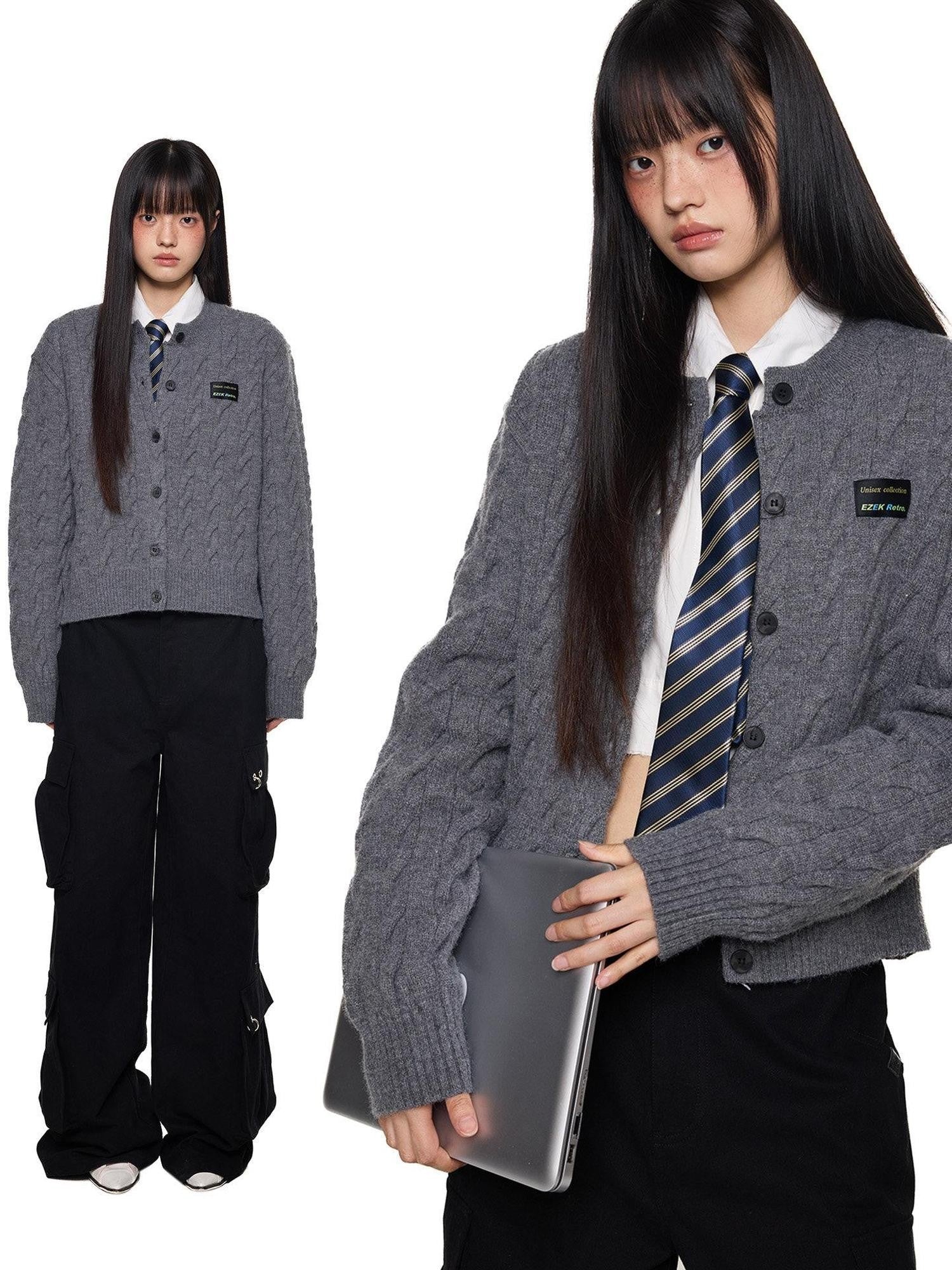 EZEK Relaxed Twisted Cable Knit Round Neck Button Women's Acrylic Blend Cardigans