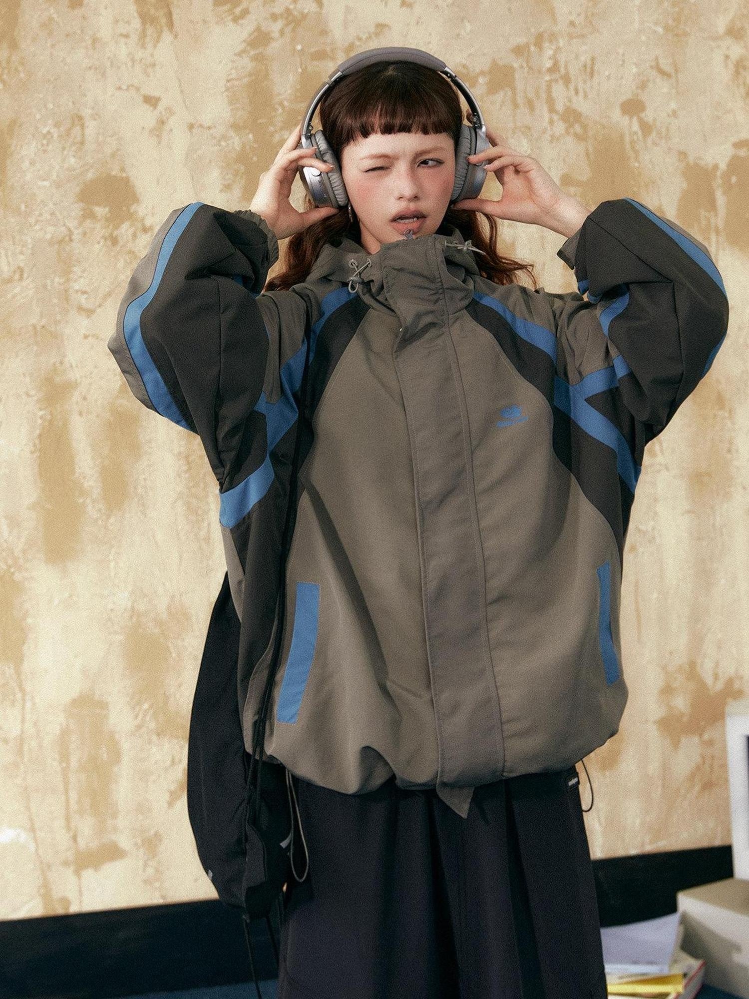 EZEK Retro Colorblock Hooded Zipper Pocket Loose Women's Track Jackets
