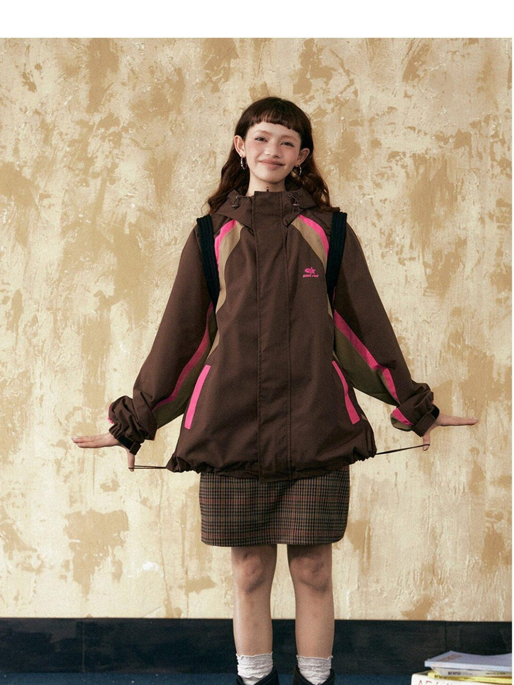 EZEK Retro Colorblock Hooded Zipper Pocket Loose Women's Track Jackets