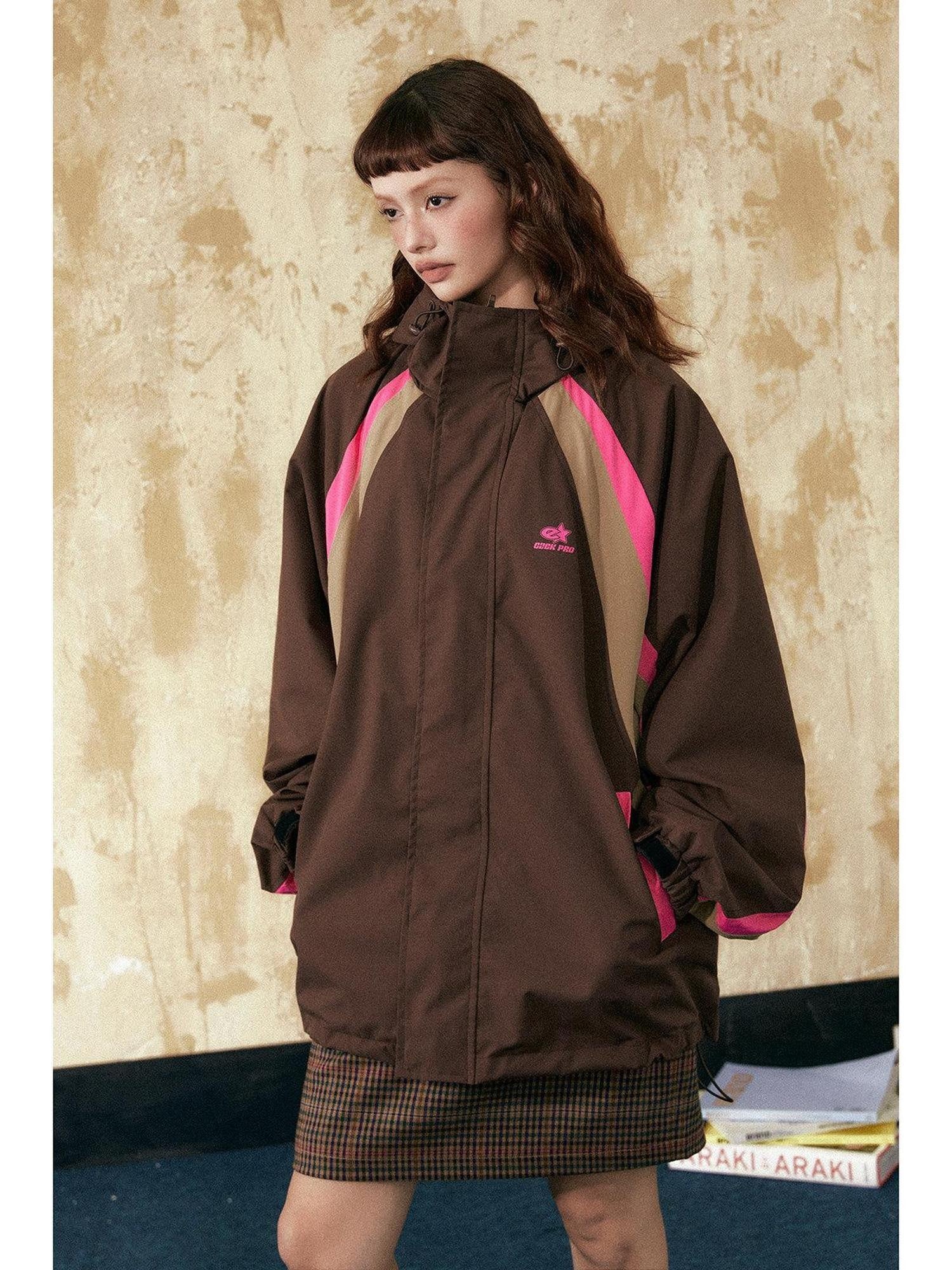 EZEK Retro Colorblock Hooded Zipper Pocket Loose Women's Track Jackets
