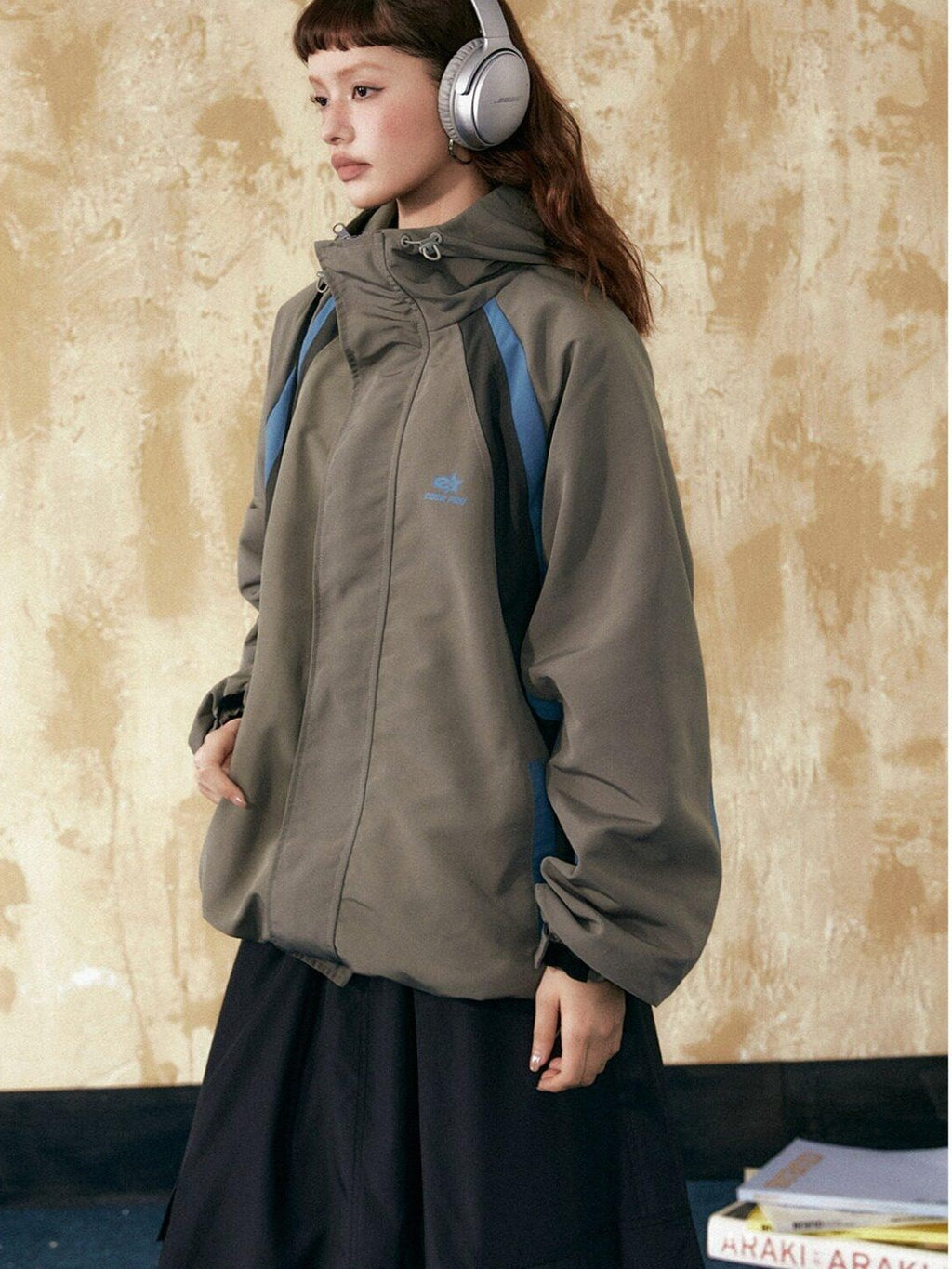 EZEK Retro Colorblock Hooded Zipper Pocket Loose Women's Track Jackets