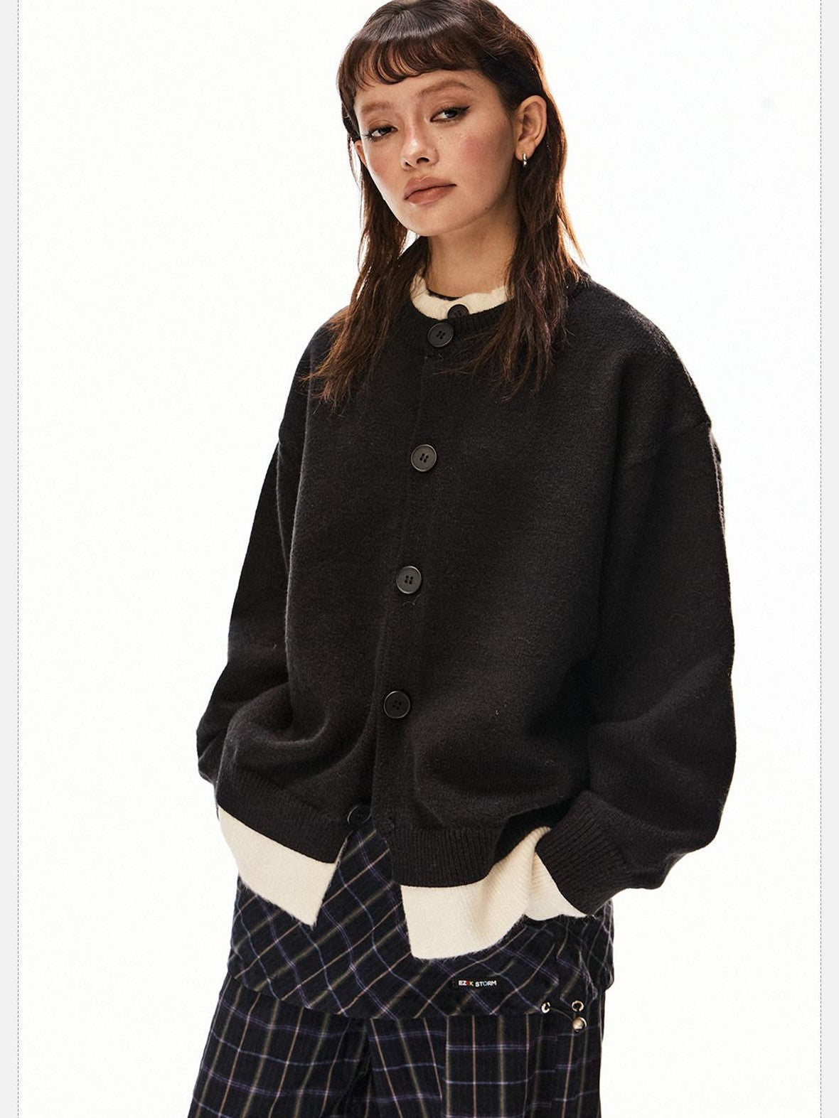 EZEK Retro Faux Layered Single Row Button Women's Acrylic Cotton Blend Cardigans
