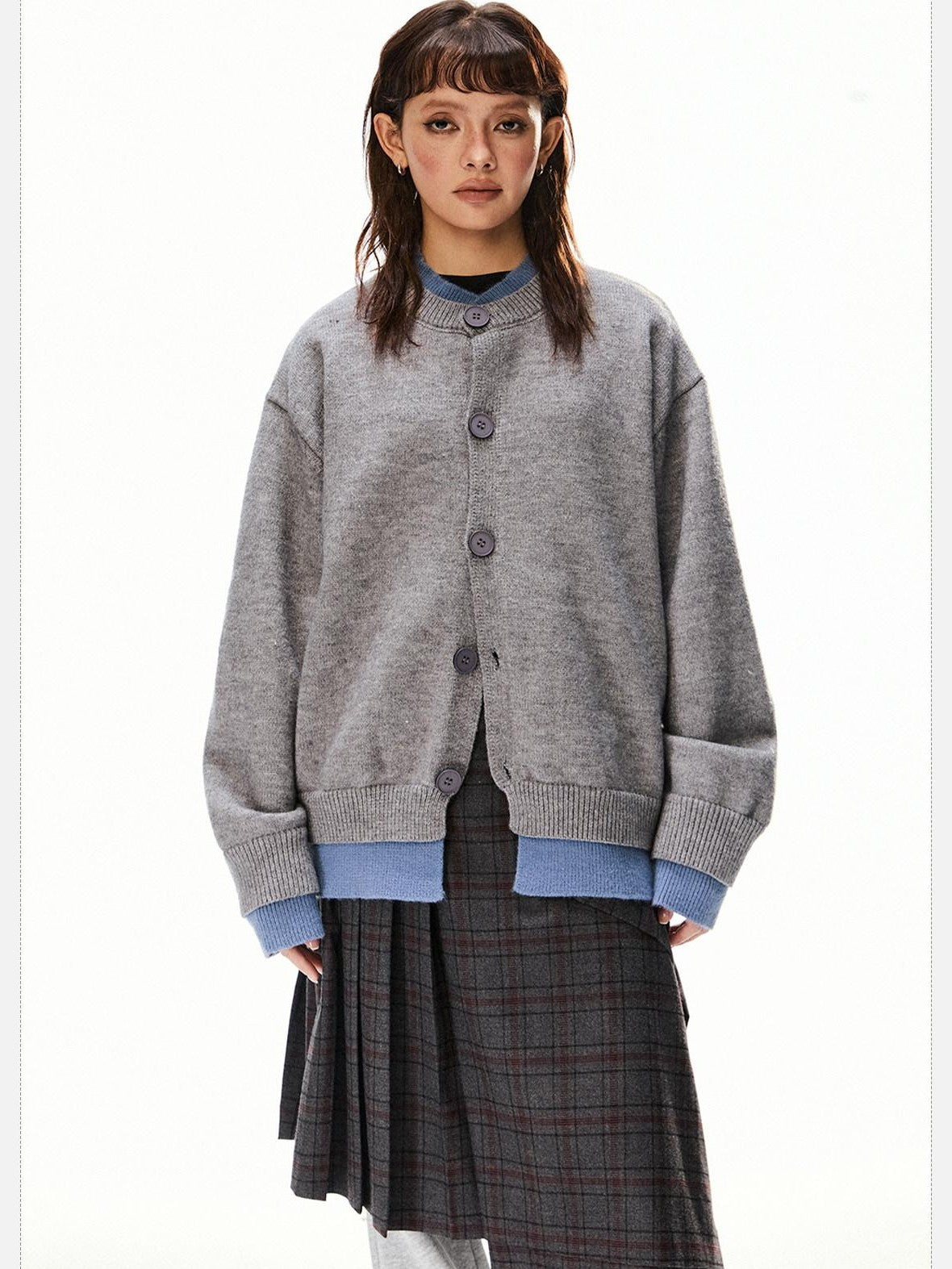EZEK Retro Faux Layered Single Row Button Women's Acrylic Cotton Blend Cardigans