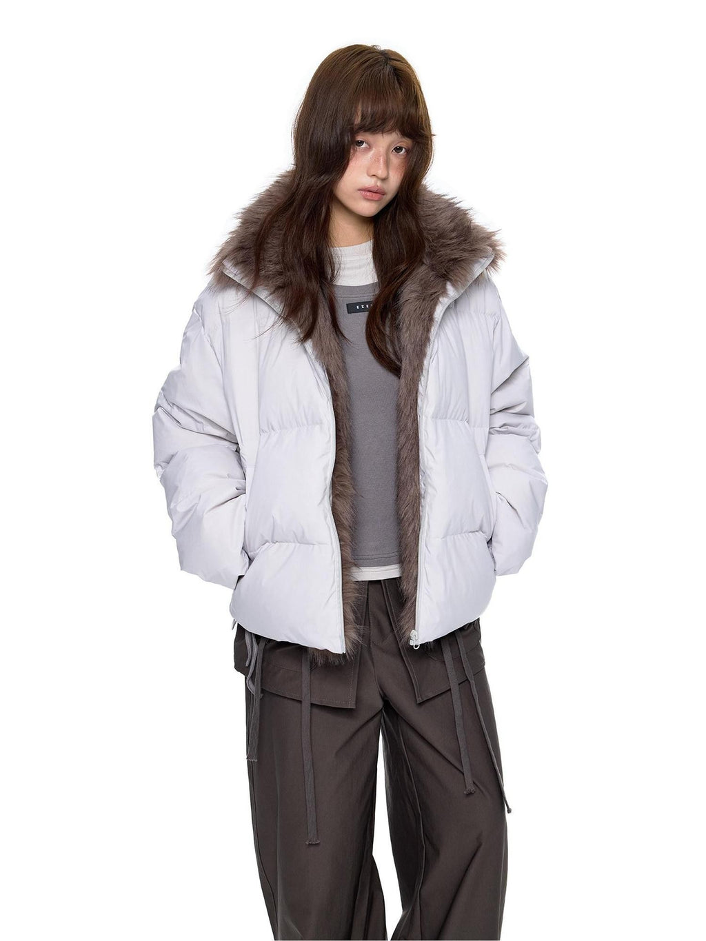 EZEK Retro Fur Collar Zip Pocket Oversized Women's White Duck Down Jackets