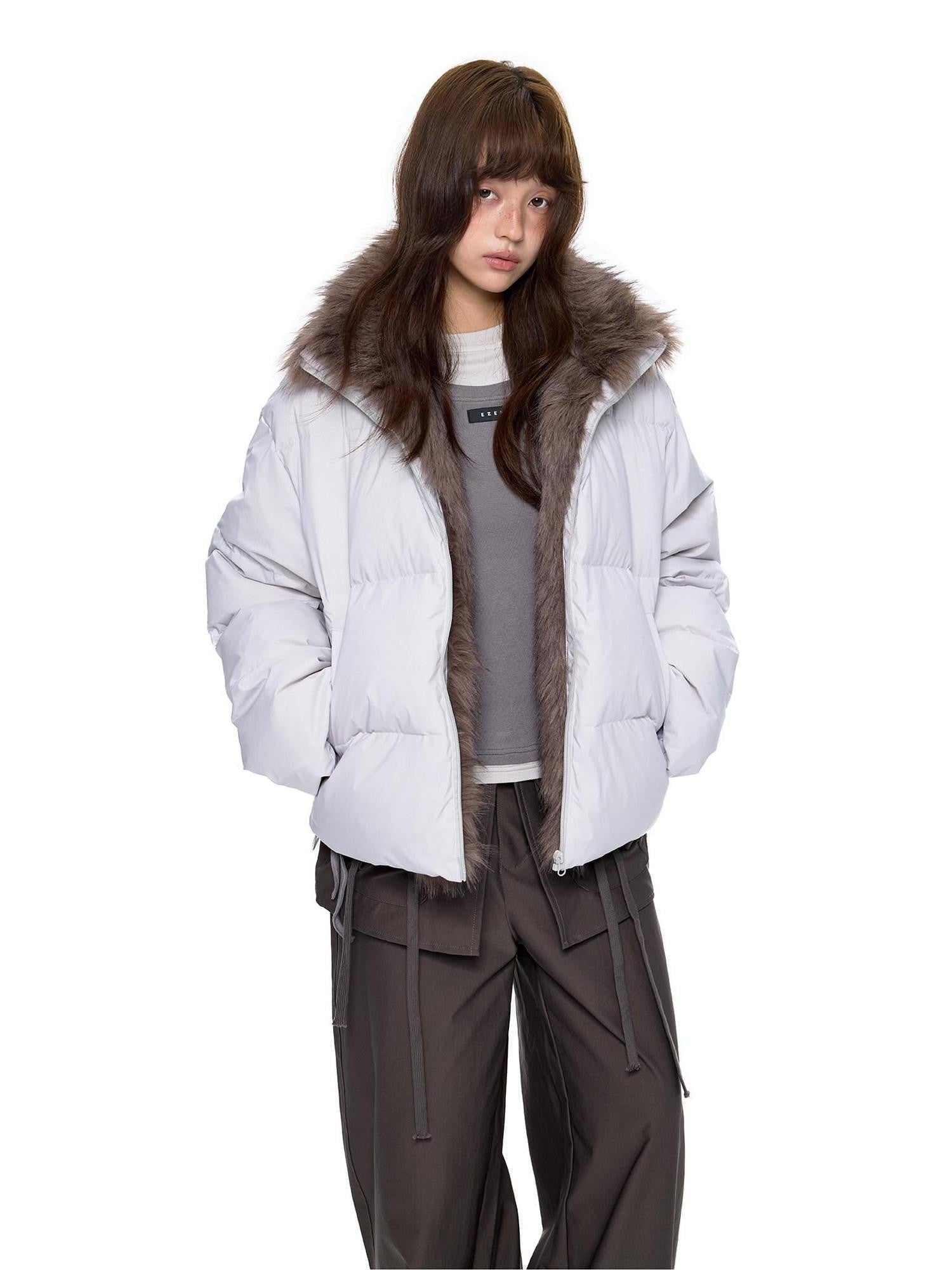 EZEK Retro Fur Collar Zip Pocket Oversized Women's White Duck Down Jackets