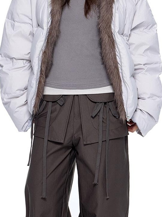 EZEK Retro Fur Collar Zip Pocket Oversized Women's White Duck Down Jackets