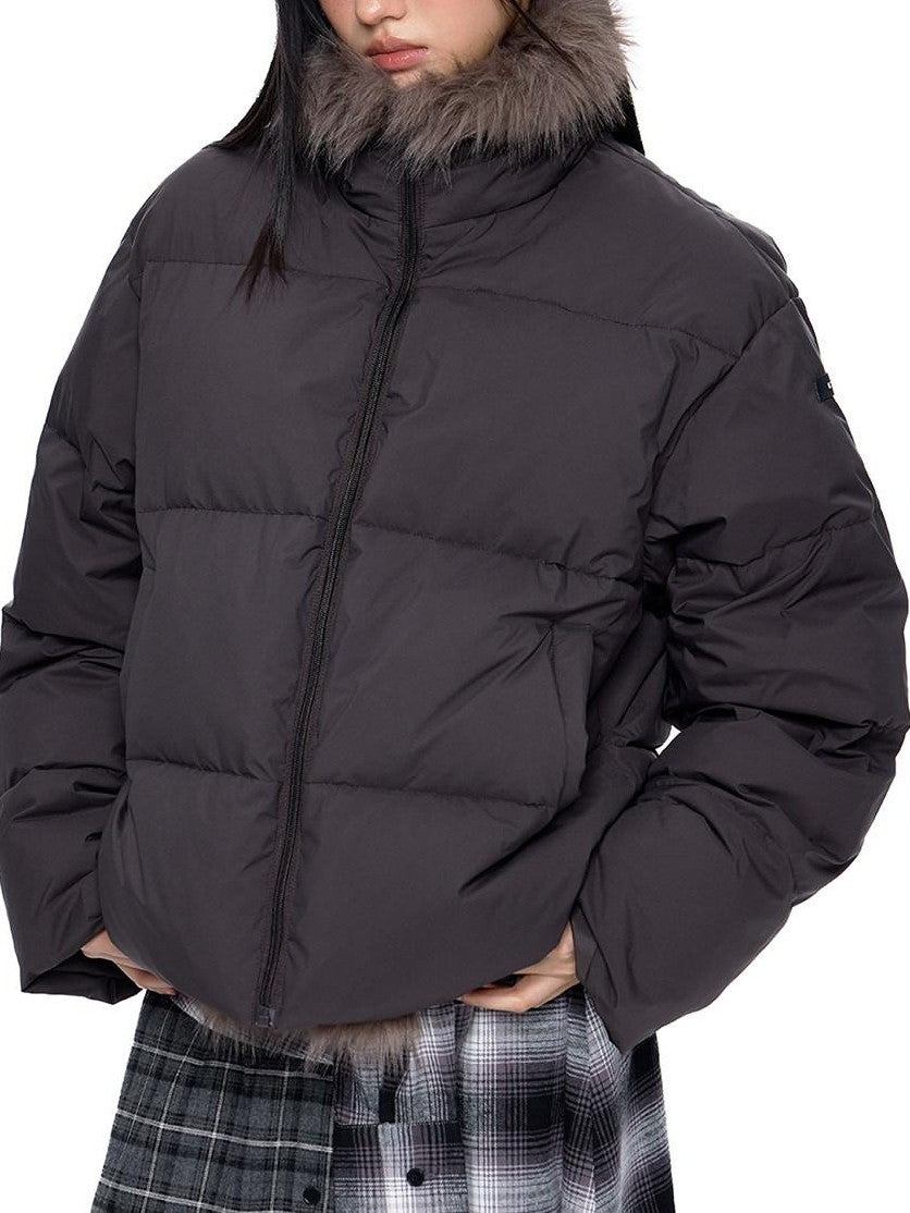 EZEK Retro Fur Collar Zip Pocket Oversized Women's White Duck Down Jackets