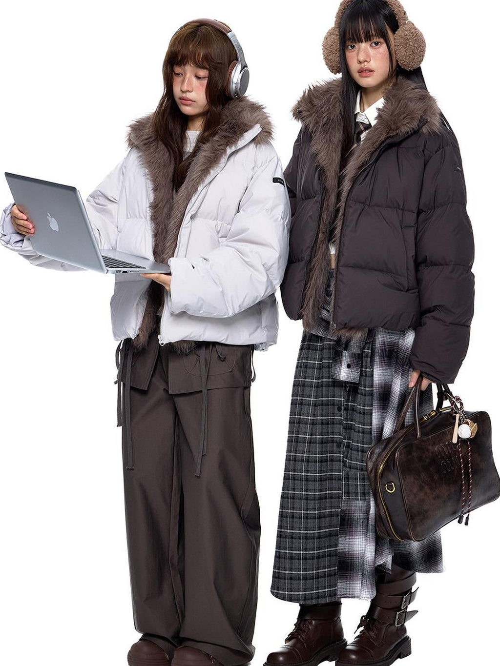 EZEK Retro Fur Collar Zip Pocket Oversized Women's White Duck Down Jackets