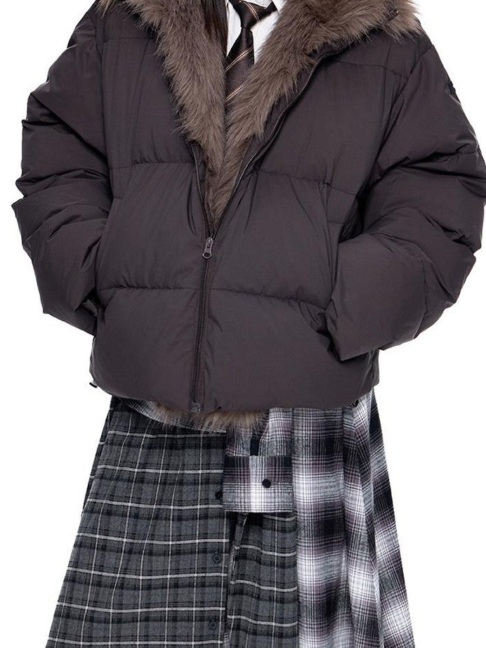 EZEK Retro Fur Collar Zip Pocket Oversized Women's White Duck Down Jackets