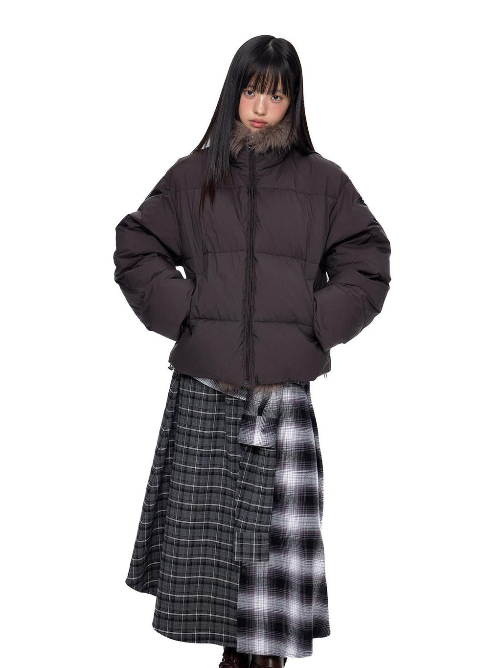 EZEK Retro Fur Collar Zip Pocket Oversized Women's White Duck Down Jackets