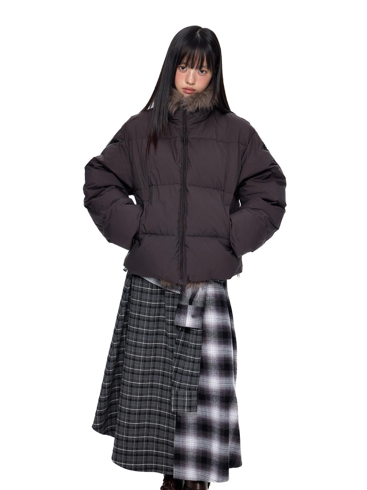 EZEK Retro Fur Collar Zip Pocket Oversized Women's White Duck Down Jackets