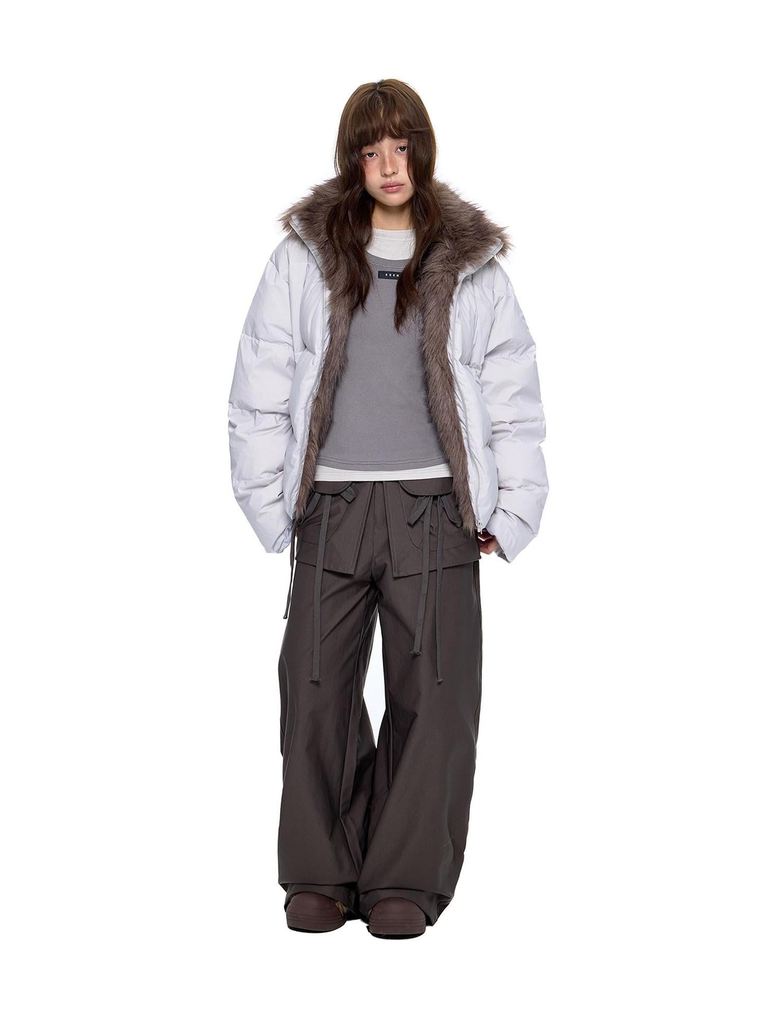 EZEK Retro Fur Collar Zip Pocket Oversized Women's White Duck Down Jackets