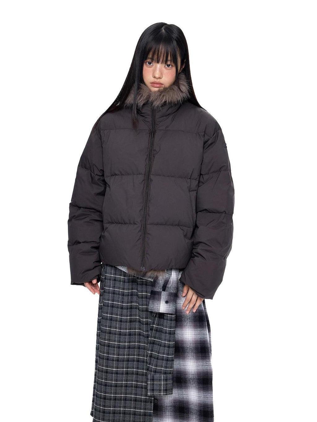 EZEK Retro Fur Collar Zip Pocket Oversized Women's White Duck Down Jackets